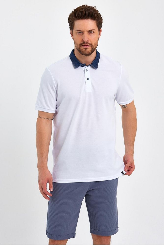 Erkek Beyaz Denim Pamuklu Polo Yaka Tshirt