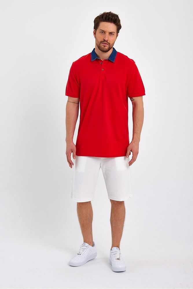 Erkek Beyaz Denim Pamuklu Polo Yaka Tshirt