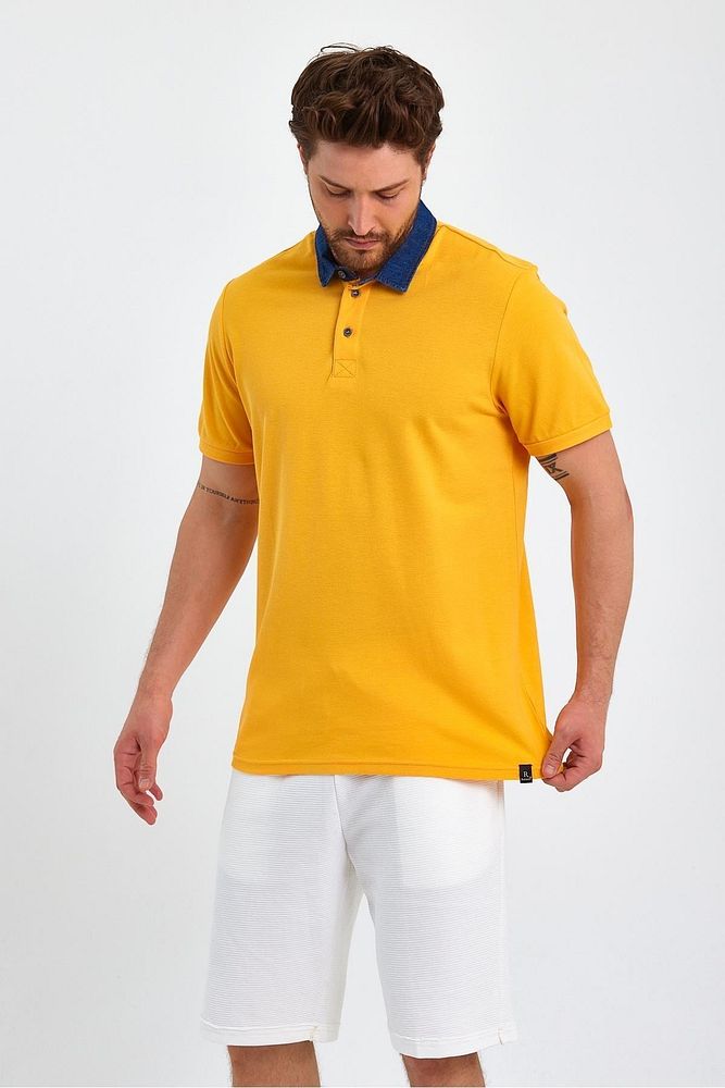 Erkek Beyaz Denim Pamuklu Polo Yaka Tshirt