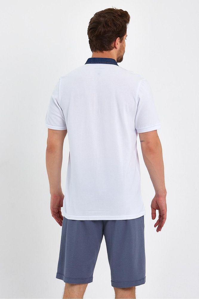 Erkek Beyaz Denim Pamuklu Polo Yaka Tshirt
