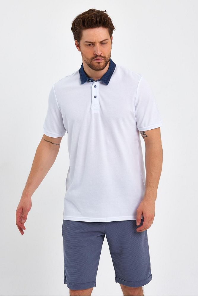 Erkek Beyaz Denim Pamuklu Polo Yaka Tshirt