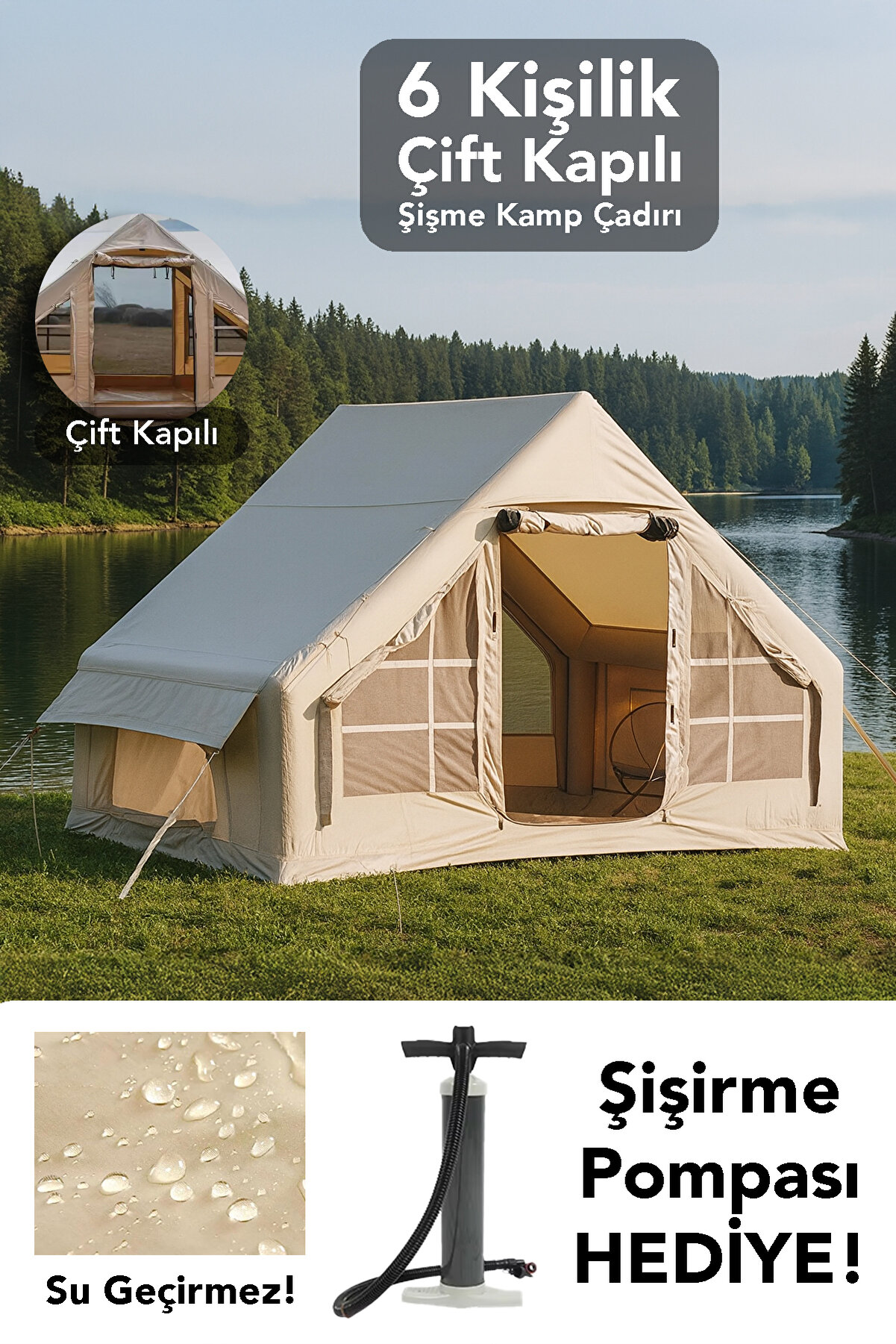 Meleni Home Çift Kapılı 6 Kişilik Kamp Çadırı - 4 Mevsim Su Geçirmez Şişme Kamp Çadırı 300x210 cm
