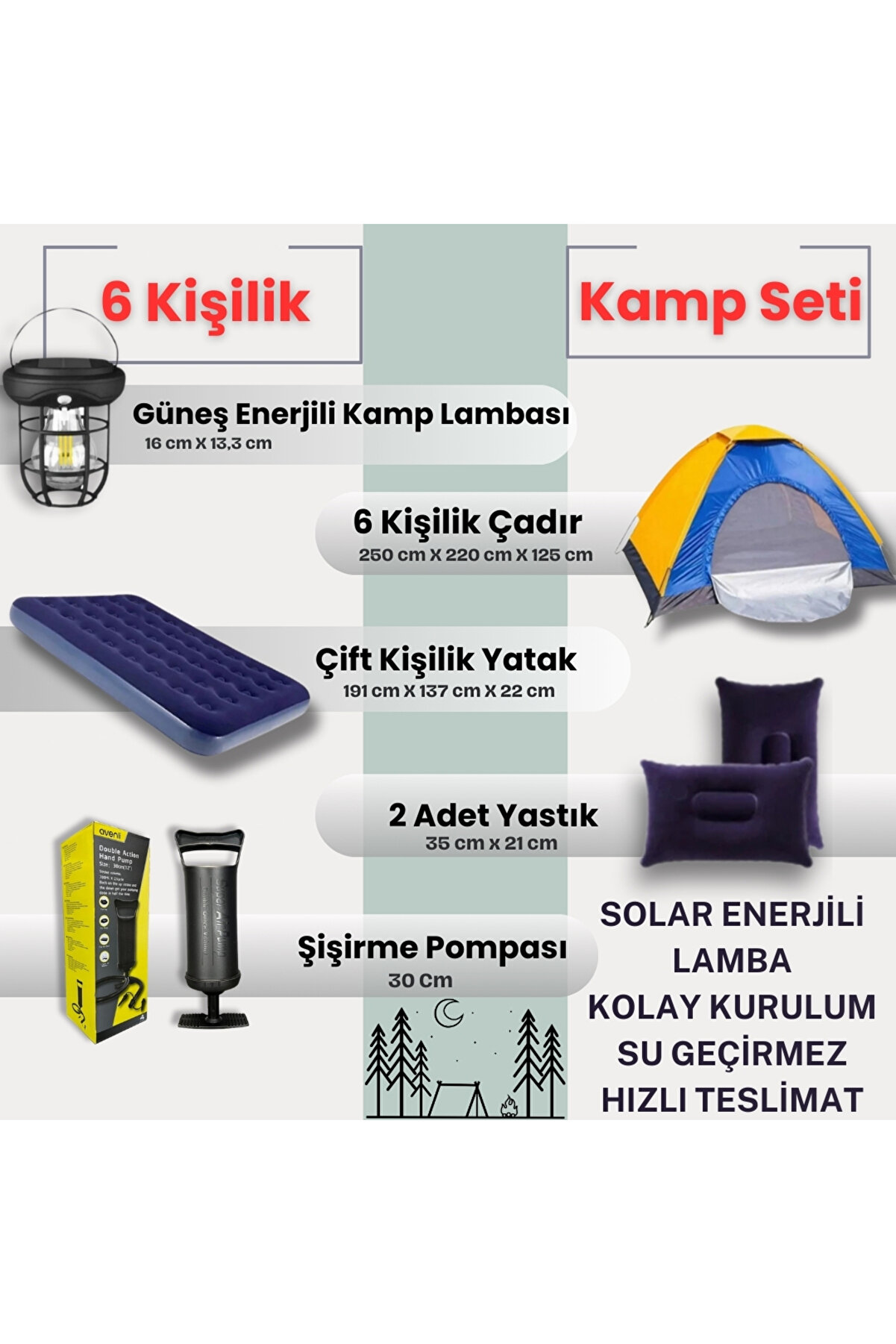 post alley 6 Kişilik Kolay Kurulumlu Kamp Çadırı + Çift Kişilik Şişme Yatak Seti + Lamba (Kamp Seti)