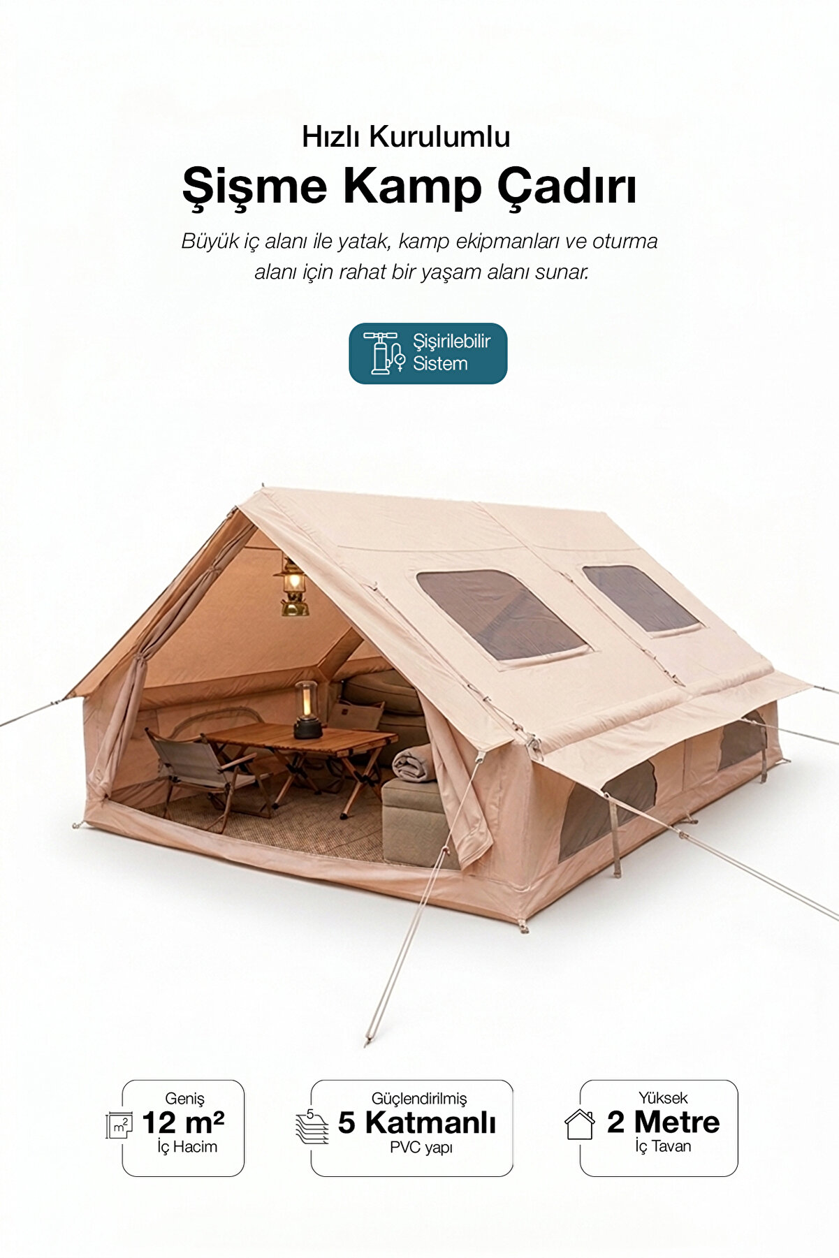 Kensa 12 Kişilik 4 Mevsim Şişme Kamp Çadırı Su Geçirmez 210D Oxford Kumaş 12 M2 400x300x200 cm
