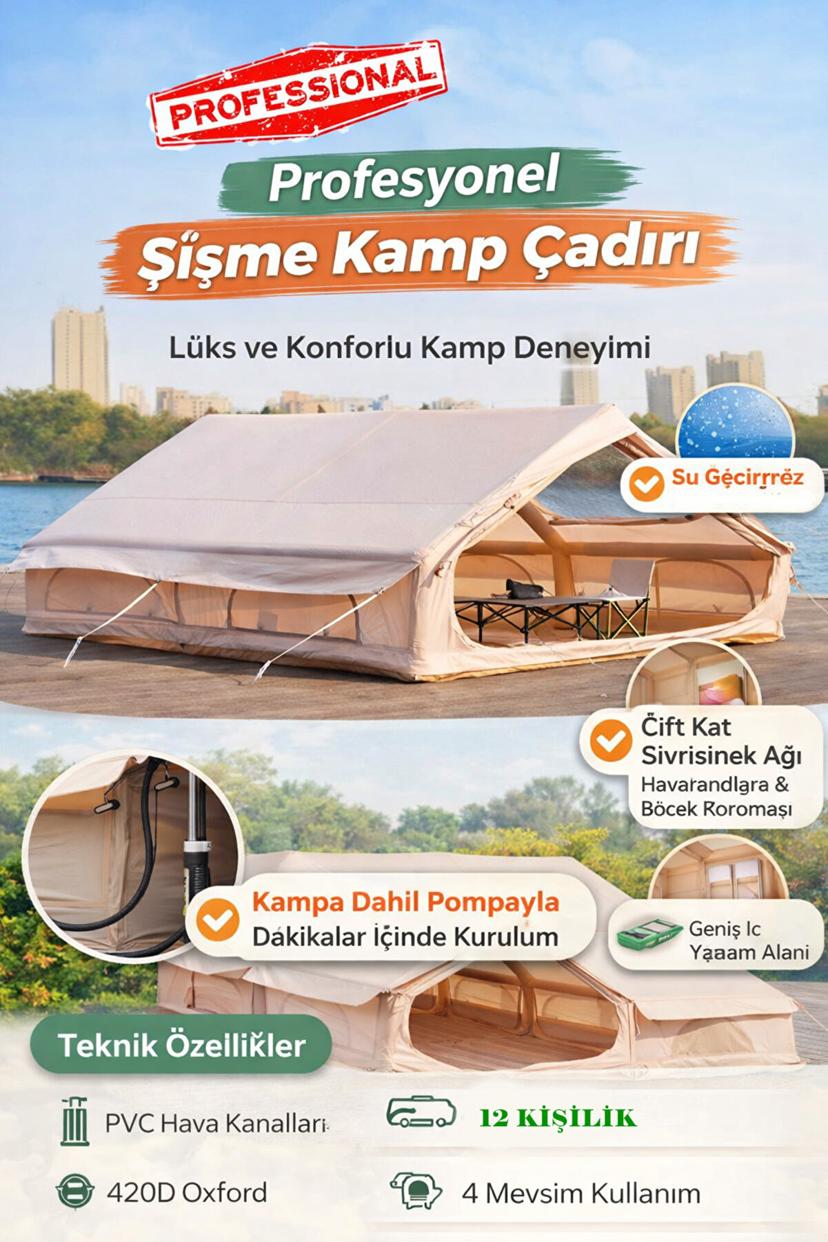 Raiden 12 Kişilik ŞİŞME Kamp Çadırı 4 Mevsim Deniz Çadır Oxford Kumaşlı Pompalı