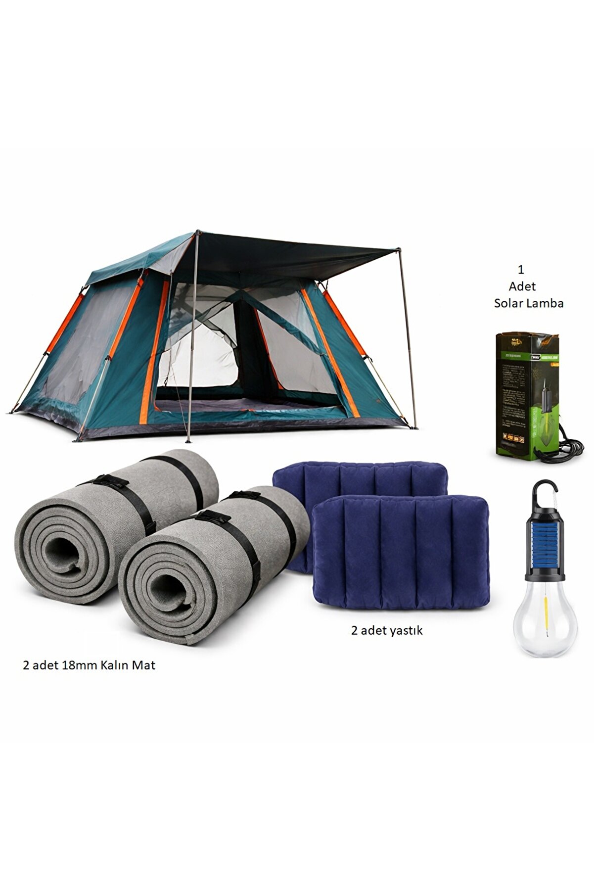 MUBX 4 Kişilik Kamp Çadırı Seti Şişme Yastık Mat Solar Lamba Outdoor Kamp Full Set
