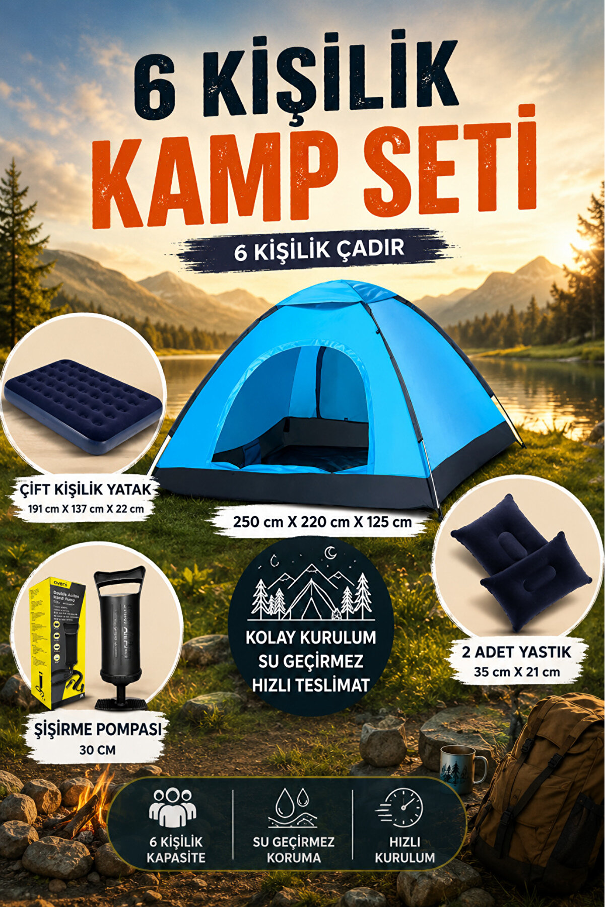 post alley 6 Kişilik Kolay Kurulumlu Kamp Çadırı + Çift Kişilik Şişme Yatak Seti (Kamp Seti)