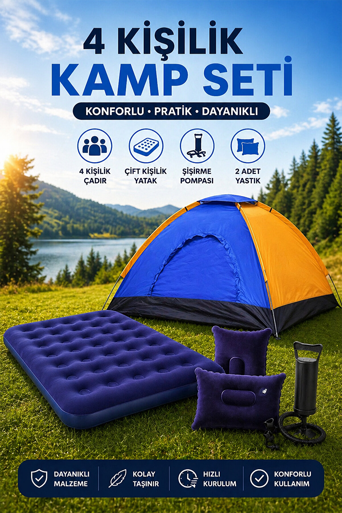 Onetick 4 Kişilik Kamp Çadırı Çift Kişilik Şişme Yatak 2 Şişme Yastık Kamp Seti
