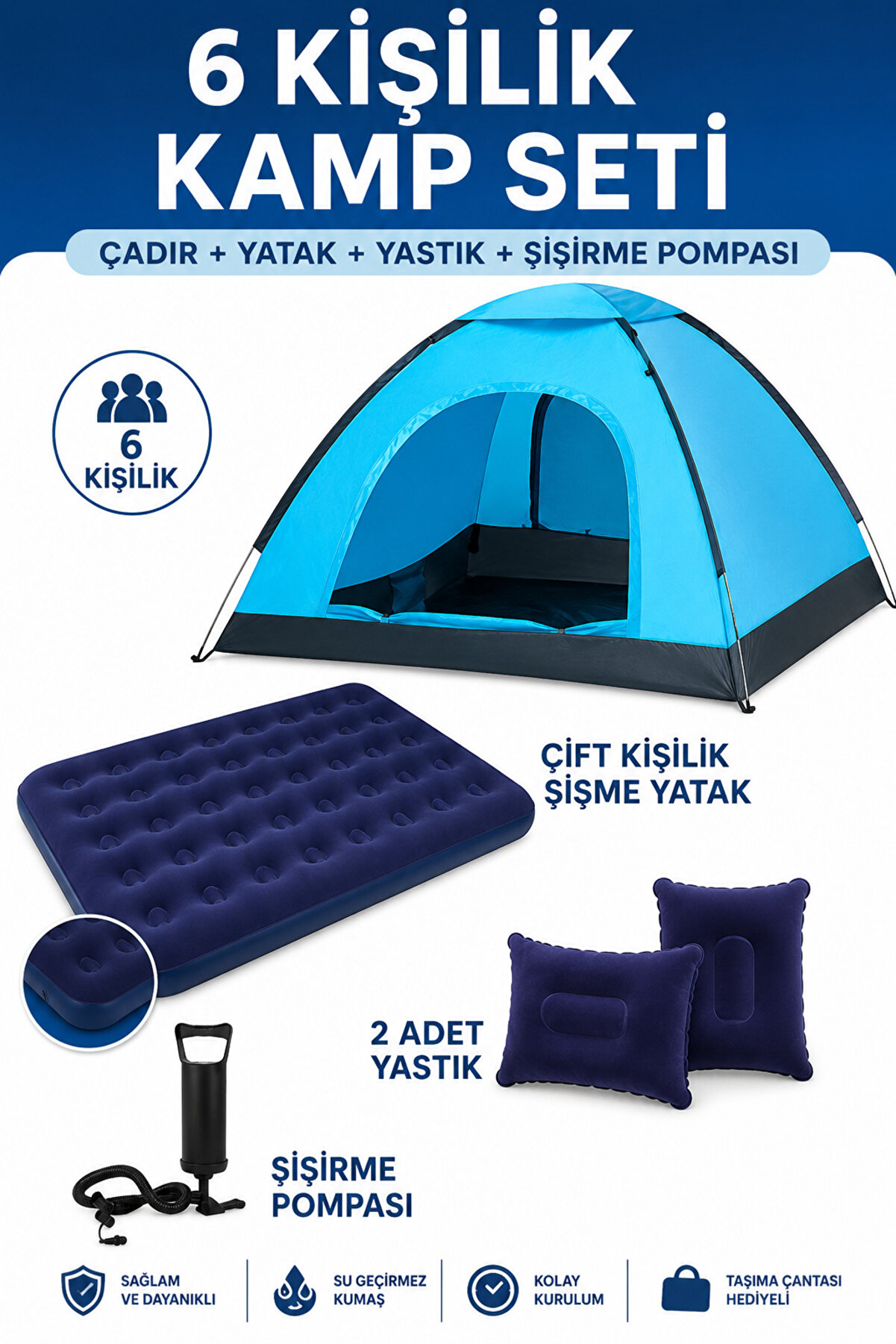 Realx 6 Kişilik Kamp Çadırı Çift Kişilik Yatak ve Yastık Kamp Seti 220x250x150 Cm