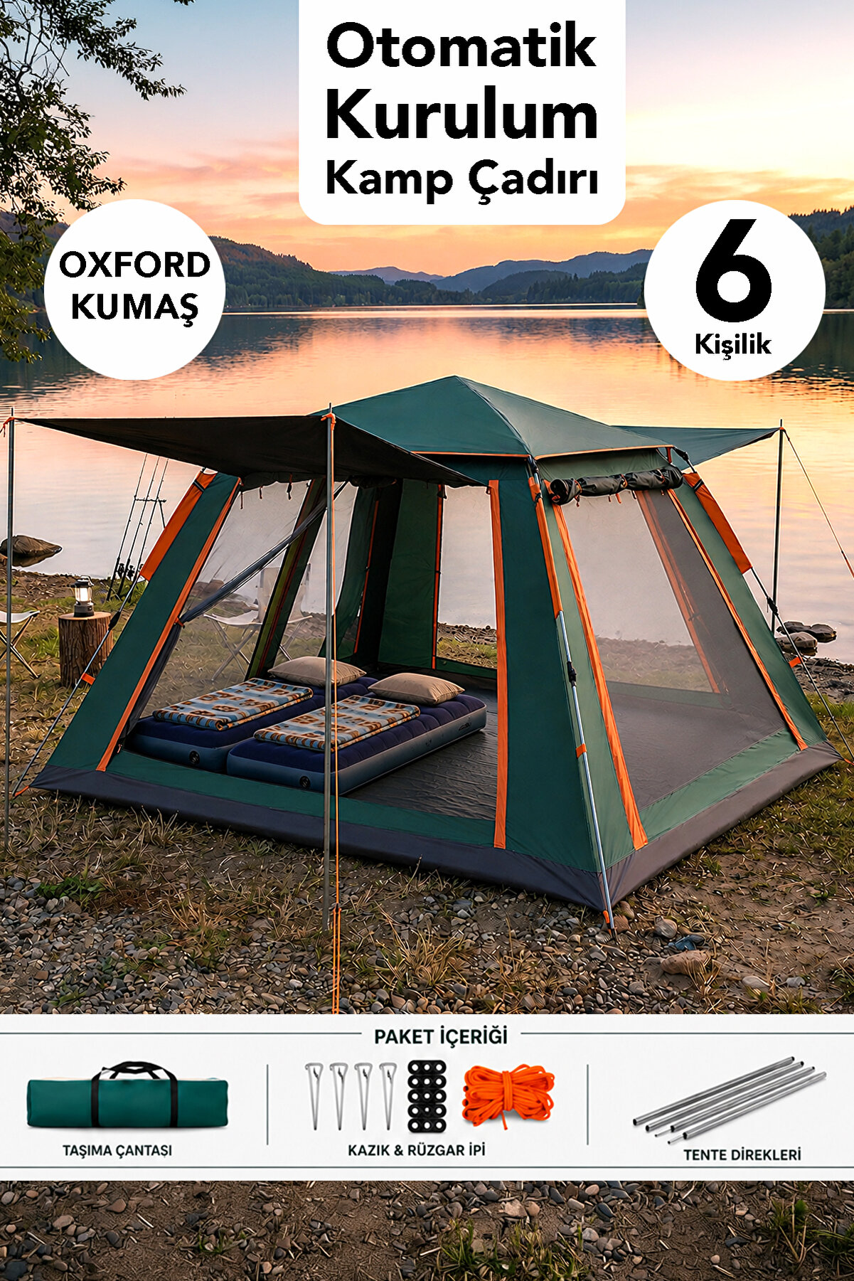 Fischer 6 Kişilik Otomatik Kurulum Kamp Çadırı - Dayanıklı Su Geçirmez Outdoor Tenteli Çadır 240x240x160cm