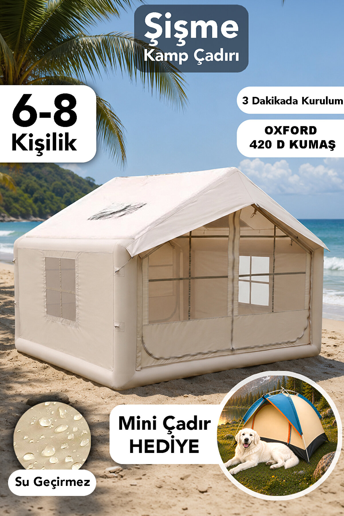 Fischer One 8 Kişilik Şişme Kamp Çadırı - Hızlı Kolay Kurulum Güneş Korumalı Çadır Şişirme Pompası Hediye