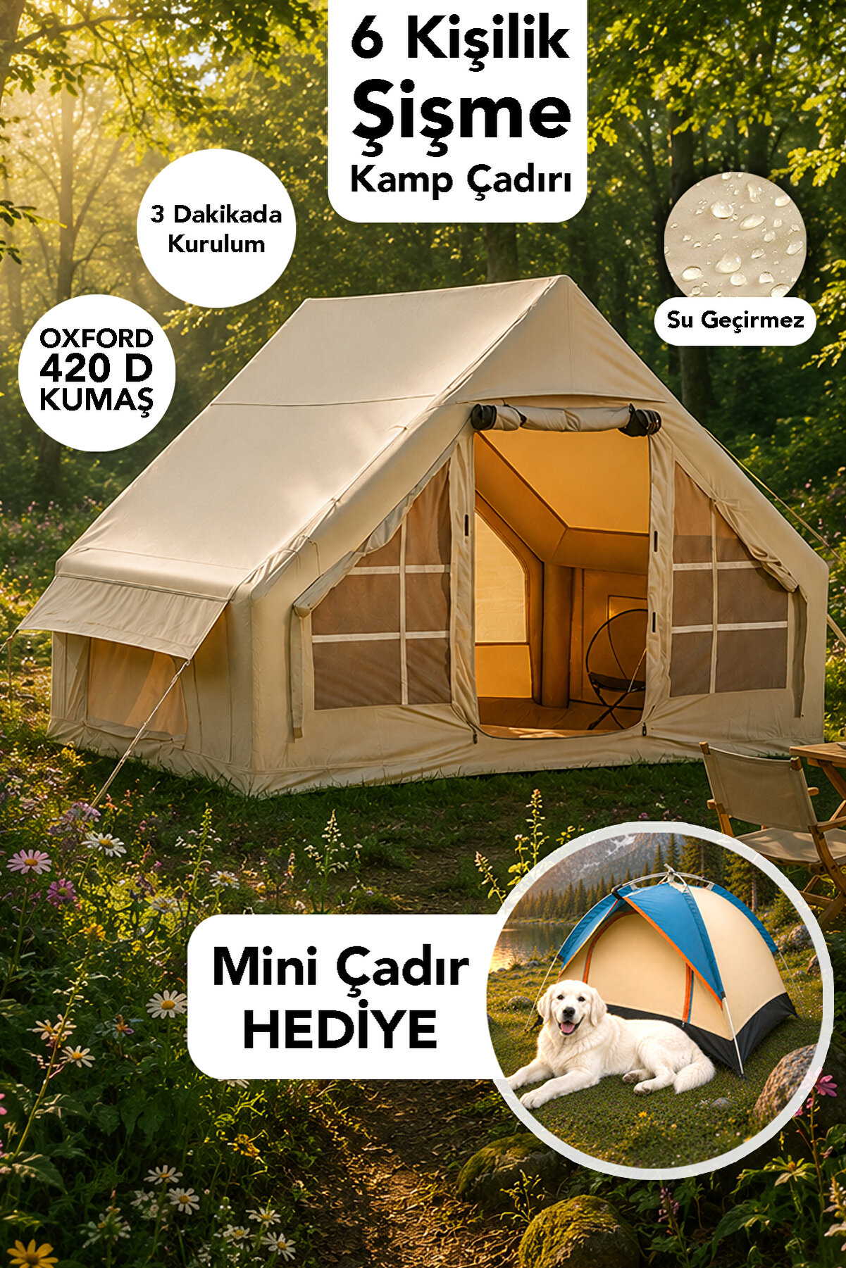 Fischer 6 Kişilik Çift Kapılı Çadır - Kolay Kurulum Su Geçirmez Kamp Outdoor Çadır Şişirme Pompası Hediye