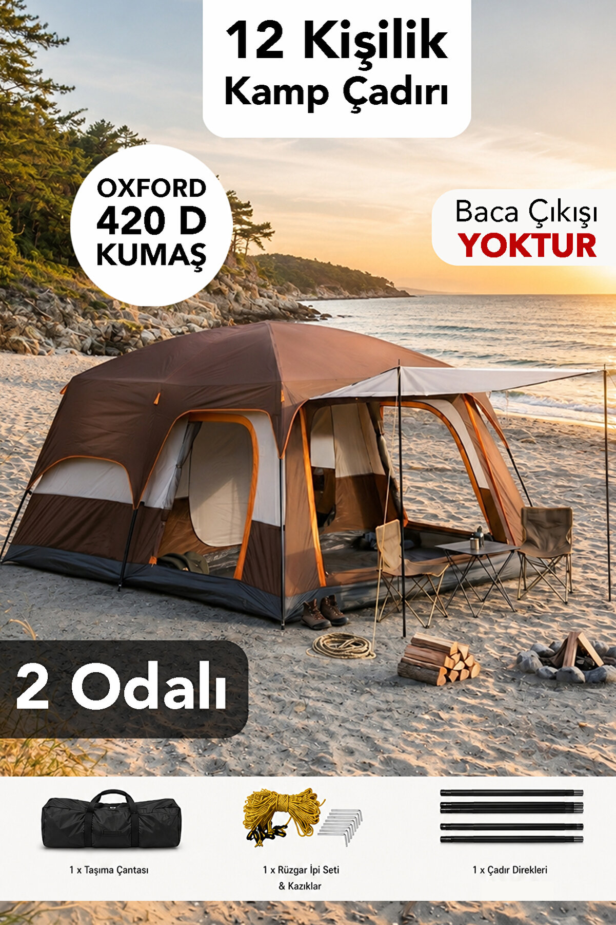 Fischer 2 Odalı Kamp Çadırı - Otomatik Kurulum 12 Kişilik 4 Mevsim Oxford Kumaş Outdoor Çadır