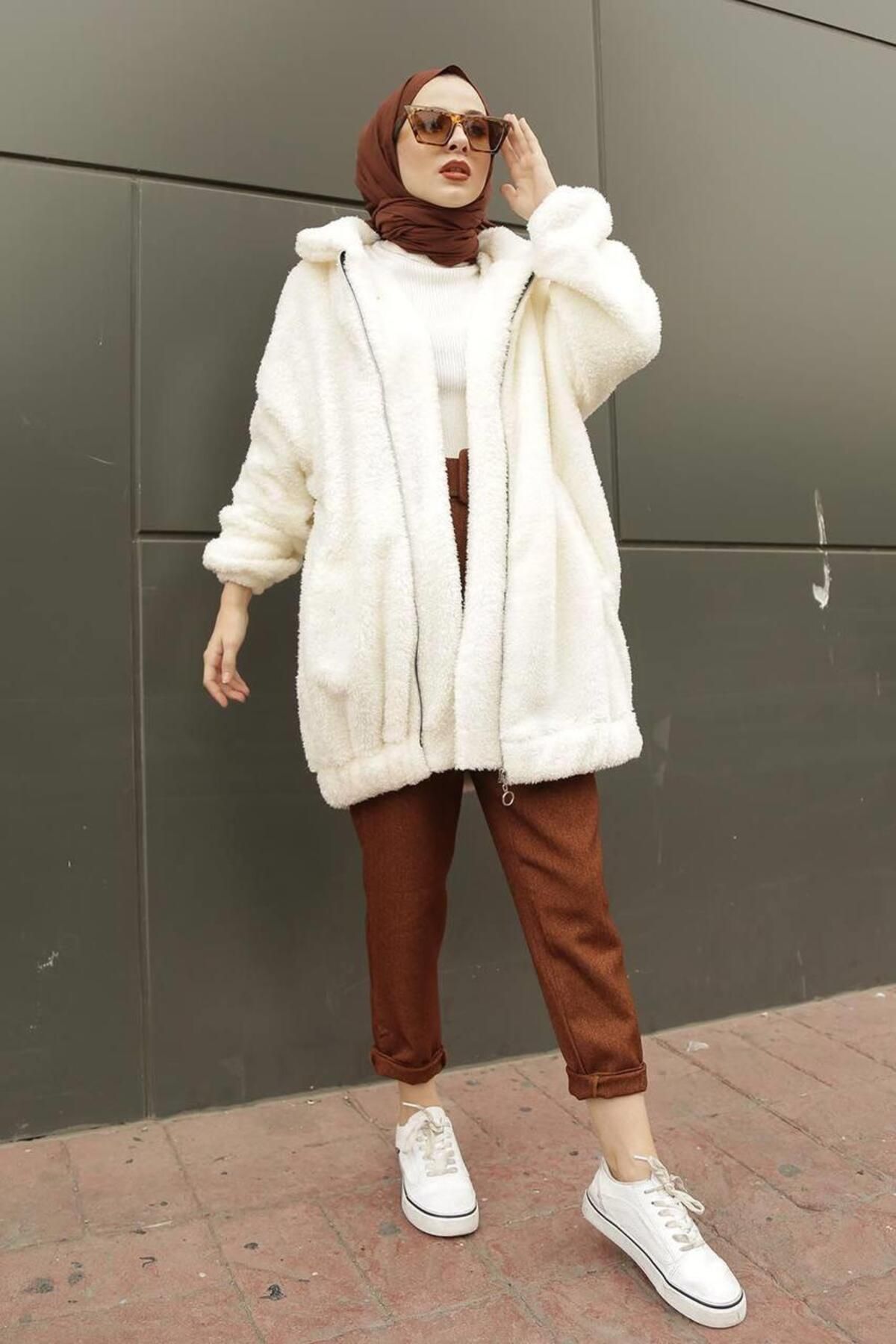 kadın modest basic mevsimlik kışlık Fermuarlı cepli Peluş Tesettür Hırka kap