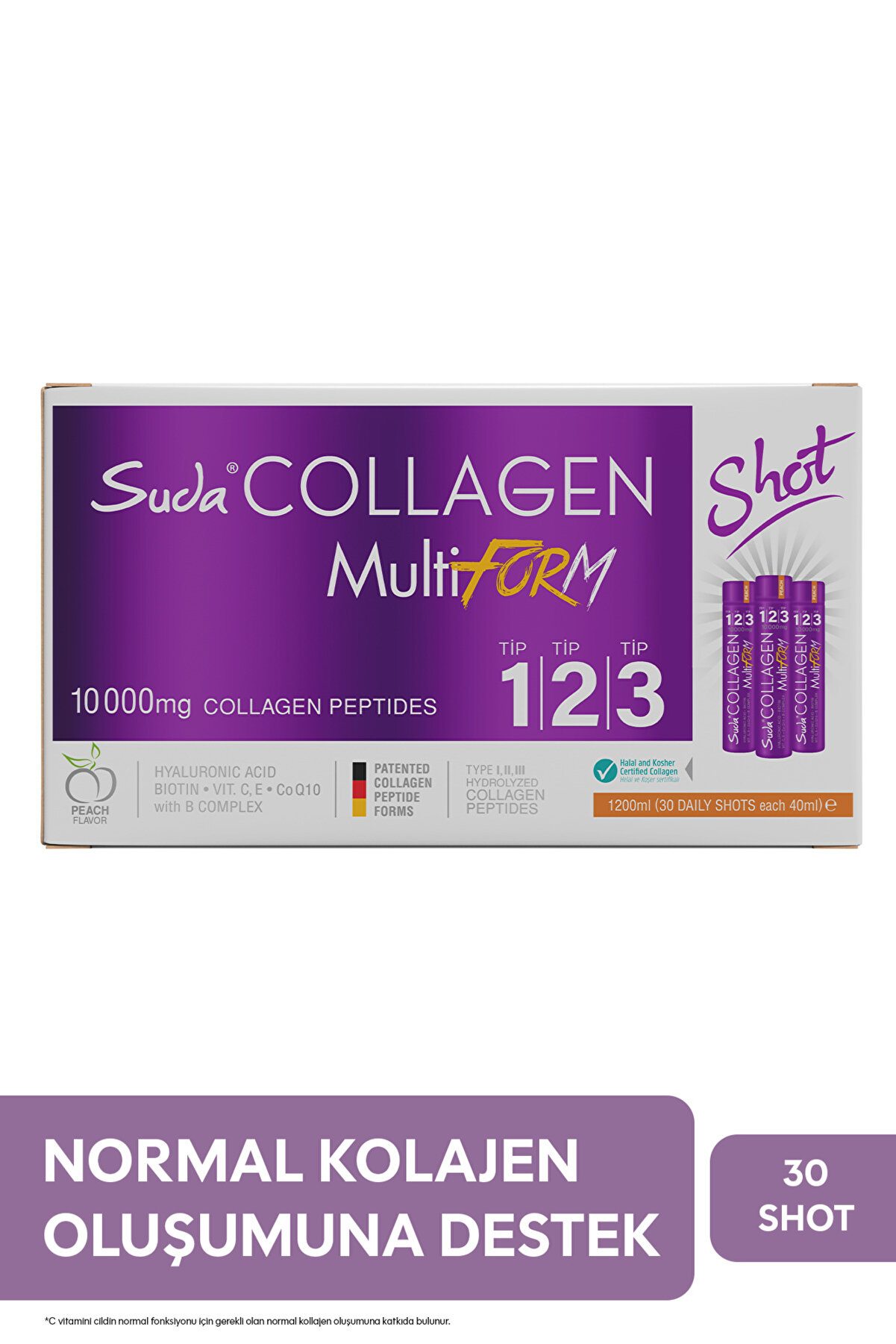 Multiform Şeftali Shot Tip I-II-III Kolajen +C,E,B5,B6,Q10,Biotin,Hyaluronik Asit | 40mlx 30 Adet