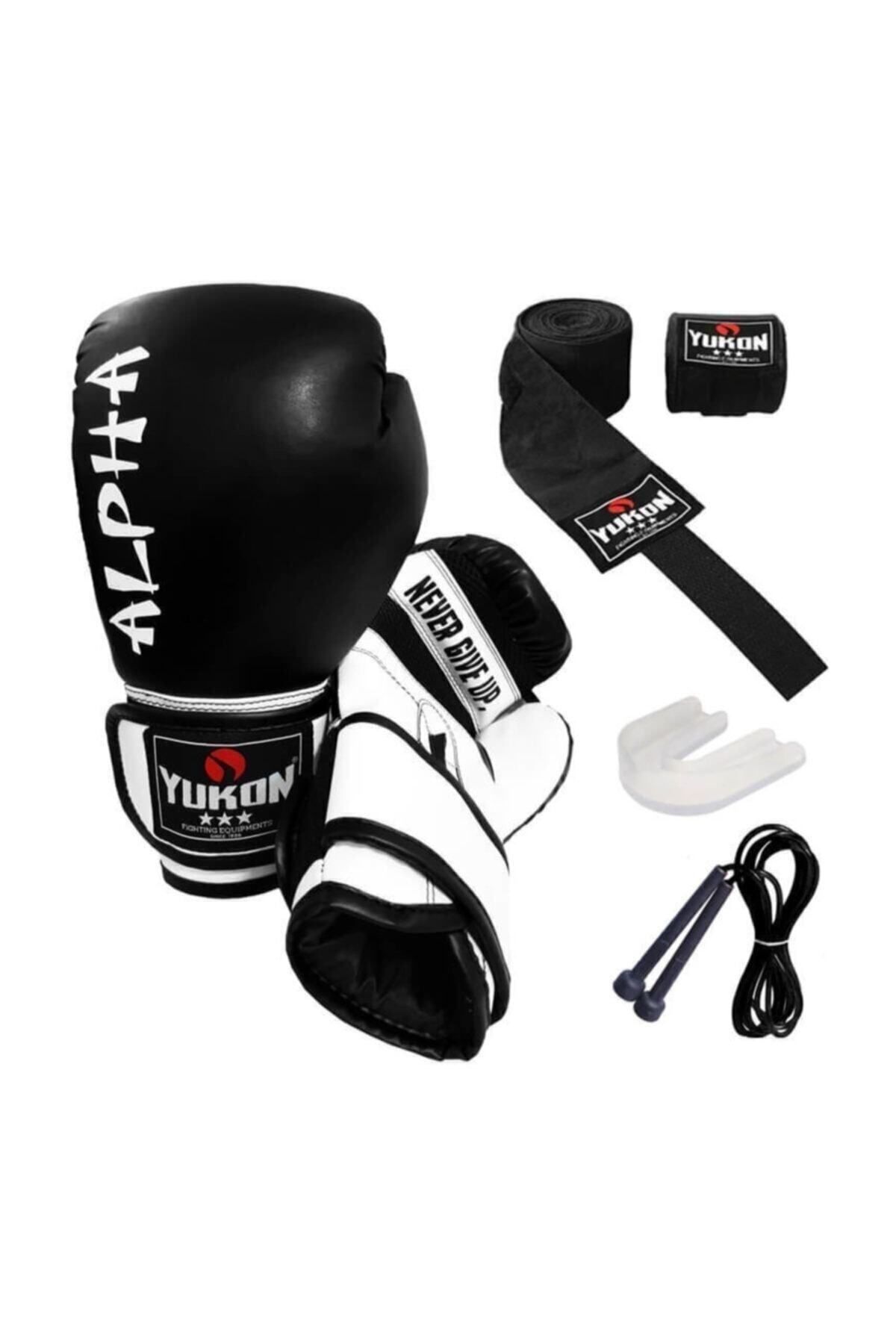 Alpha Boks Eldiveni Siyah + Boks Bandajı + Dişlik + Atlama Ipi - 4'lü Set