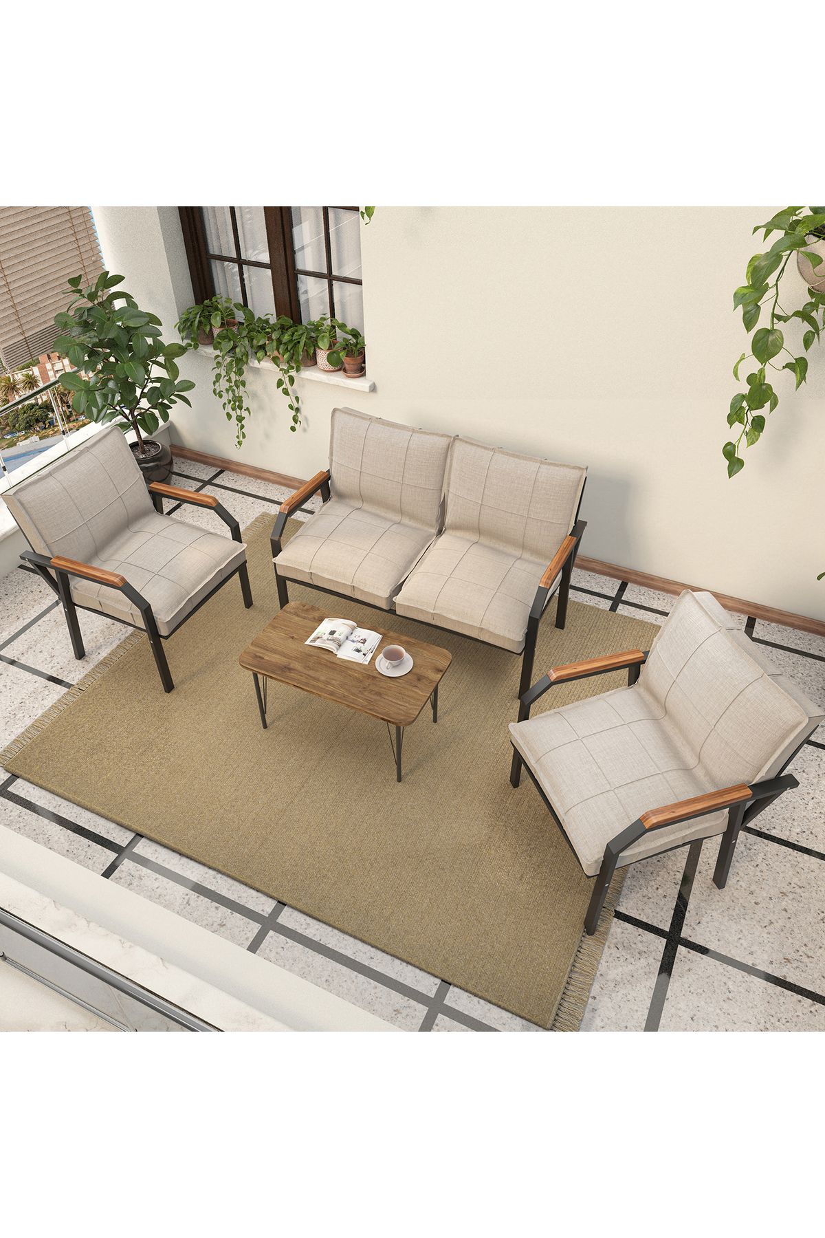 "" Hayal Balkon, Bahçe, Cafe - Metal Kanepe Koltuk Takımı - 2 1 1 Sehpalı - Krem
