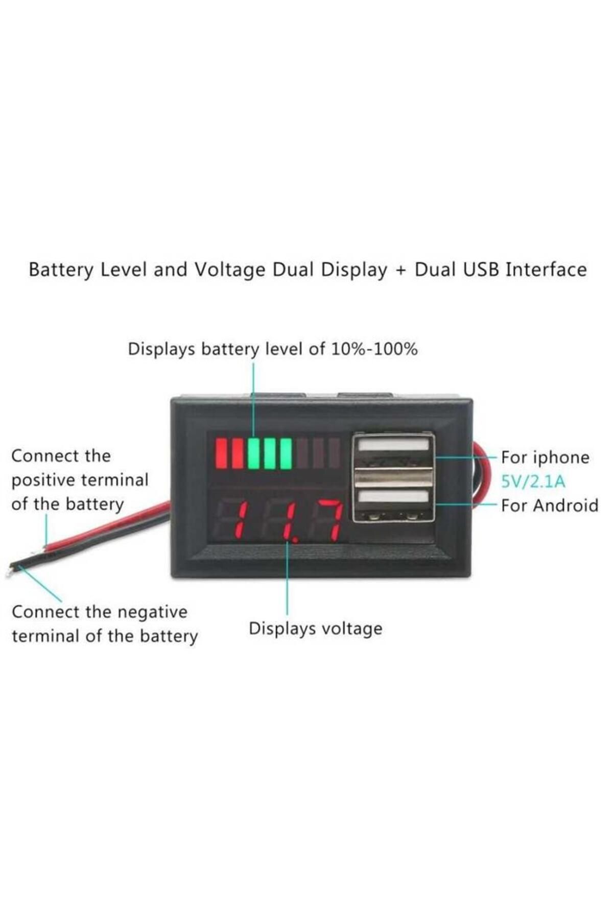 Akü Kapasite Göstergesi Voltmetreli ve USB Çıkışlı