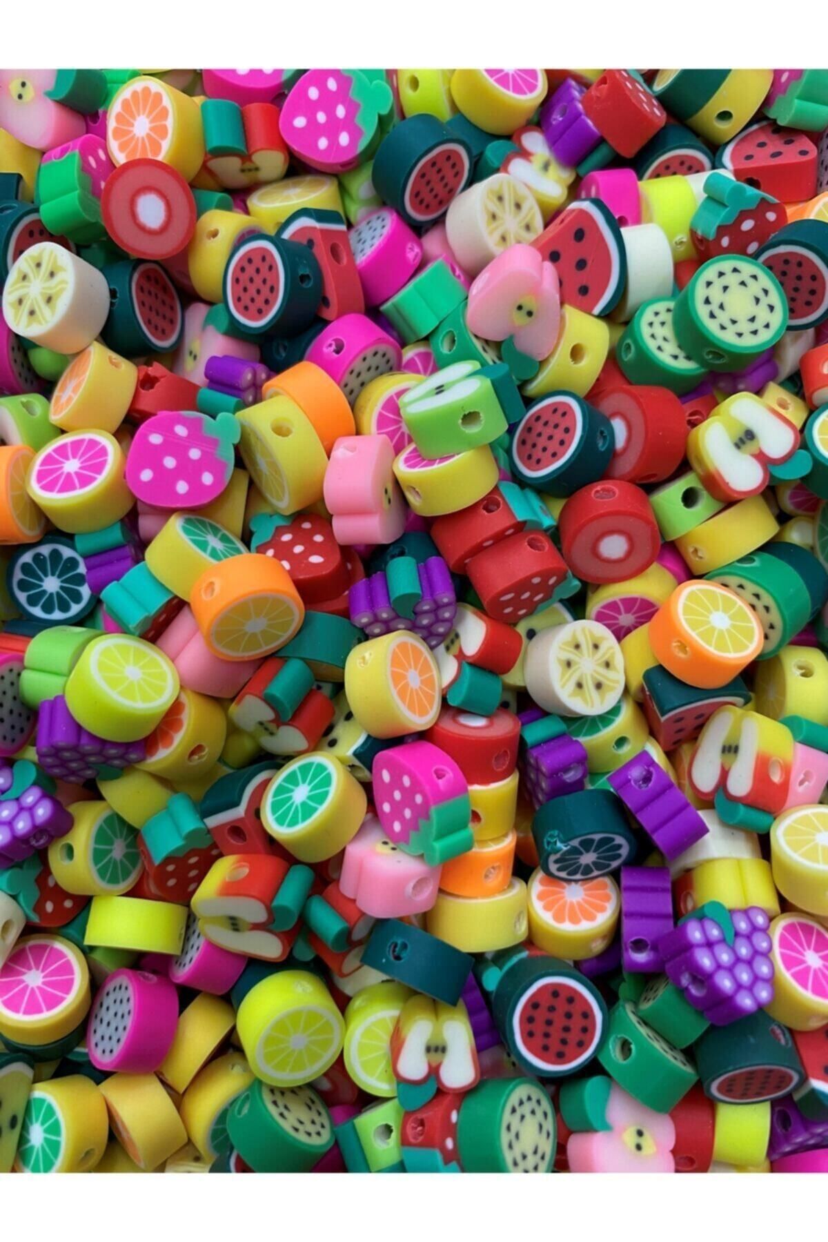 Fimo Karışık Meyve Boncuk, 10mm Meyve Figürü, Takı Yapım Malzemesi, Meyve Modeli (40 Adet)
