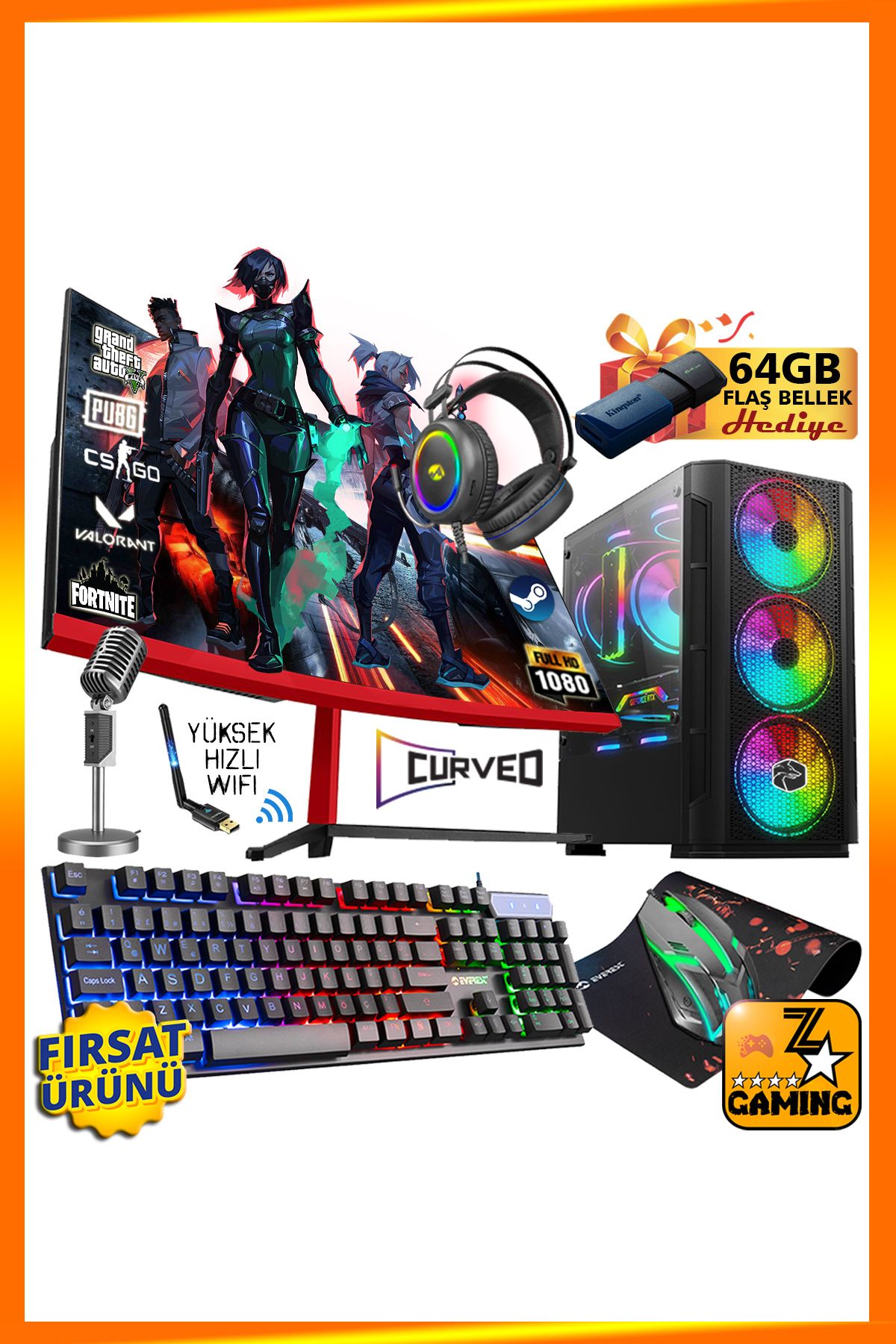 FX60 i5-3470 16GB Ram 1TB HDD+240GB SSD RX550 23.8'' Curved Oyuncu Masaüstü Bilgisayar