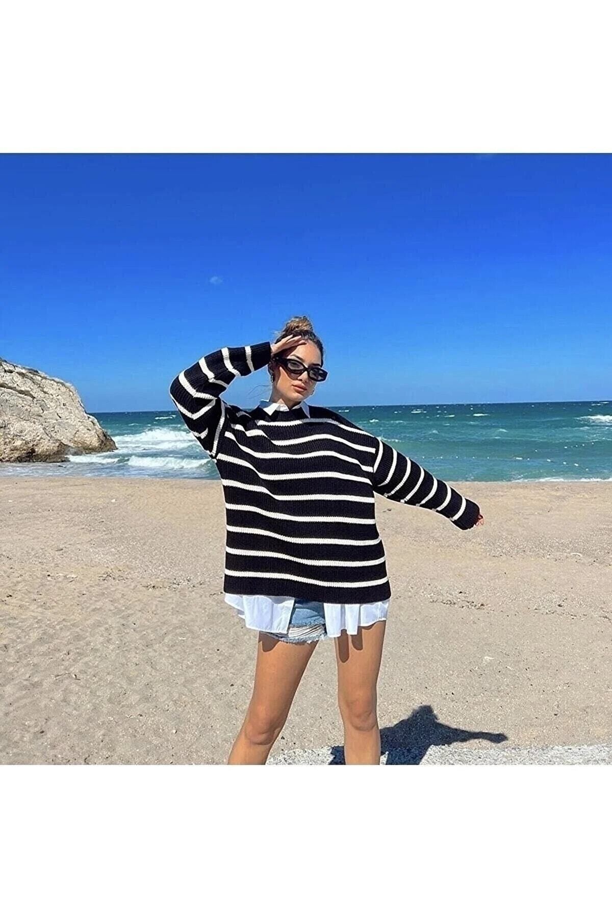 Çizgili Oversize Kazak Kzkk177