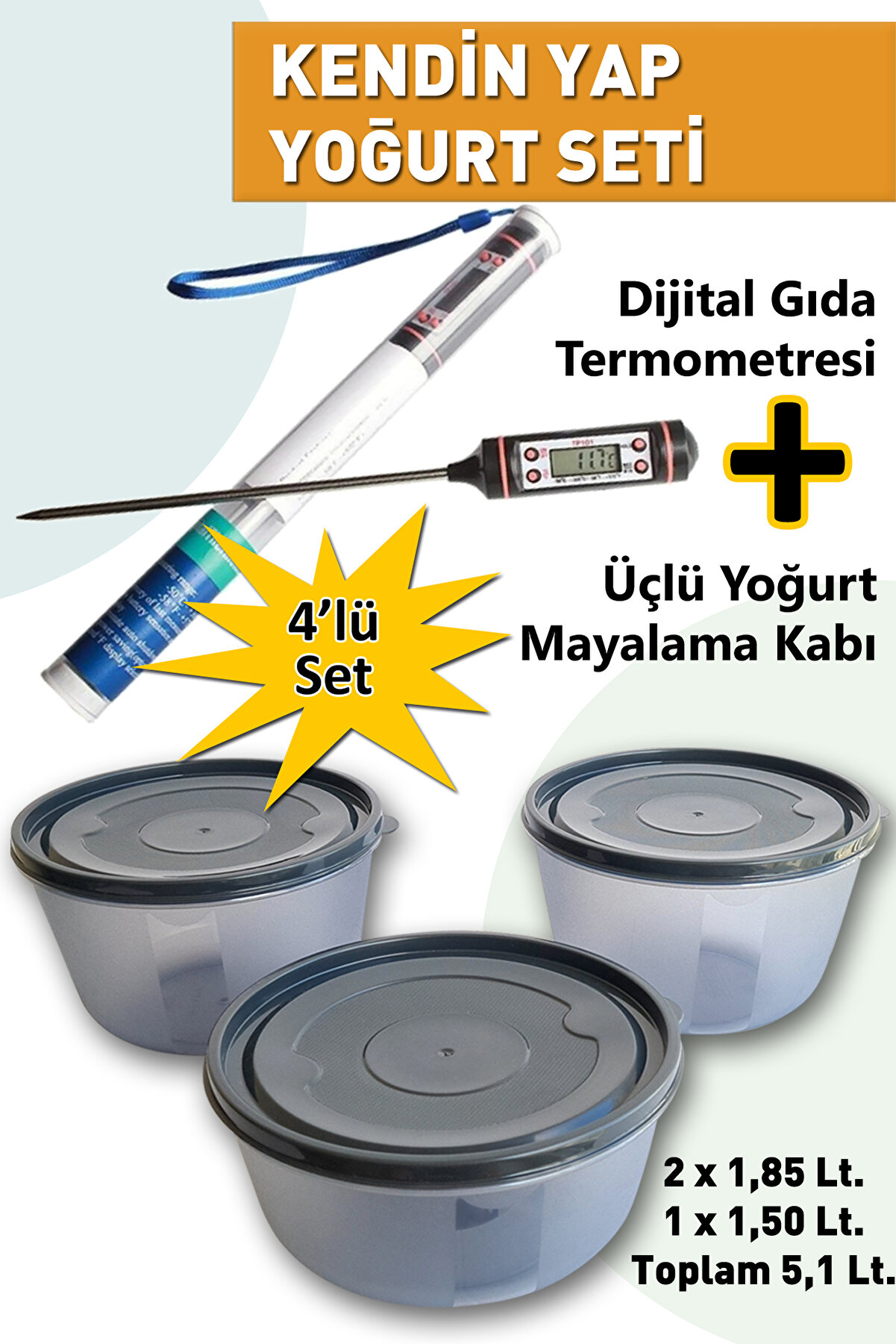 4'lü Yoğurt Ve Kefir Mayalama Seti Kendin Yapma Makinesi Gıda Termometresi Ve Kabı Tenceresi Mayası