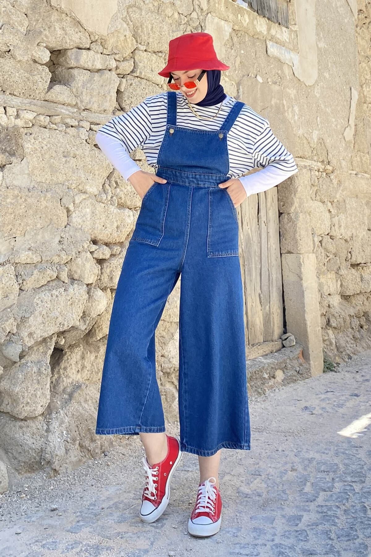 Kopya - Bahçıvan Askılı Kot Tulum Koyu Mavi