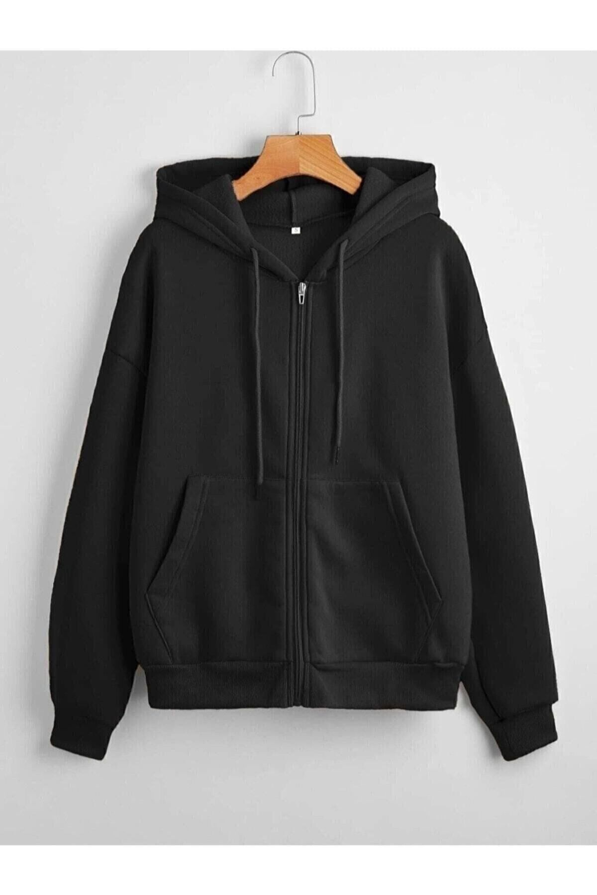 Unisex Siyah Nakış Baskılı Fermuarlı Sweat Hırka