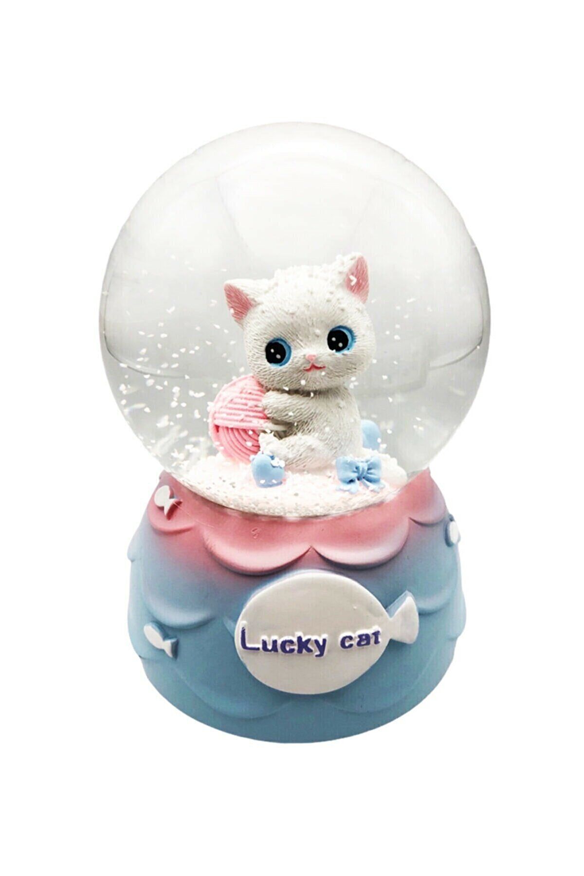 Sevimli Minnoş Kedi Lucky Cat Kar Küresi Orta Boy Hediye Işıklı Müzikli Kar Küresi