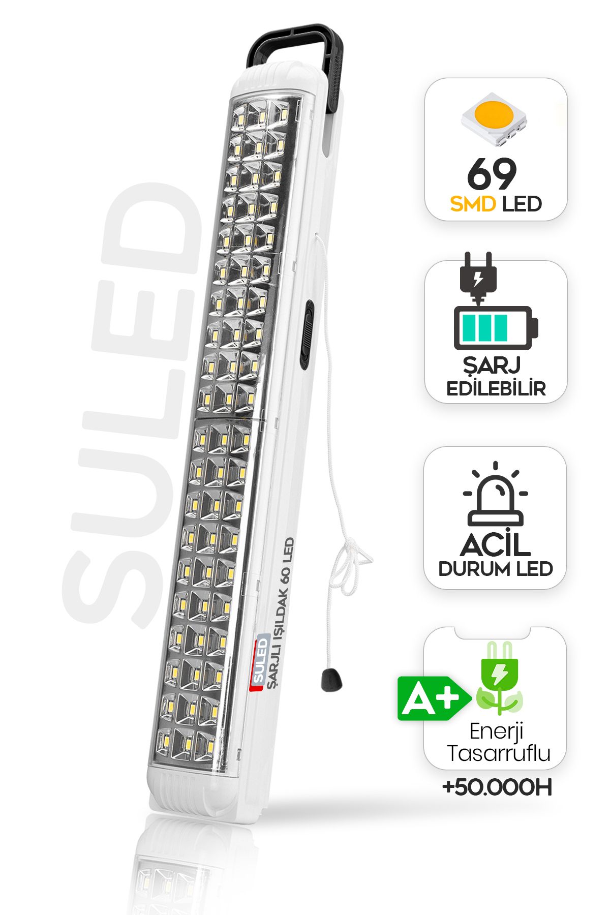 Sl-1024 69 Power Li Işıldak Çekmeli Ipli Fener Şarjlı Işıldak 2 Kademeli Aydınlatma Kamp El Feneri
