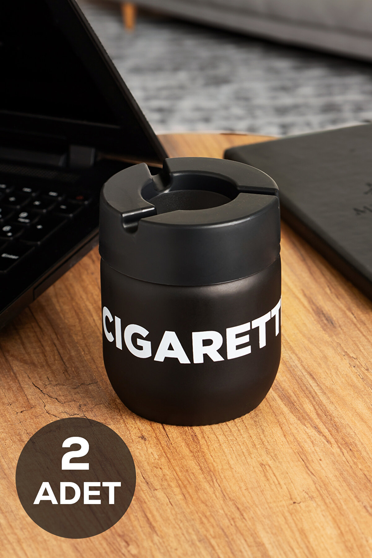 C-00513 2 li Kokusuz Cam Hazneli Yanmaz Plastik Kapaklı Ev Araç İçi Küllük Kül Tablası Siyah