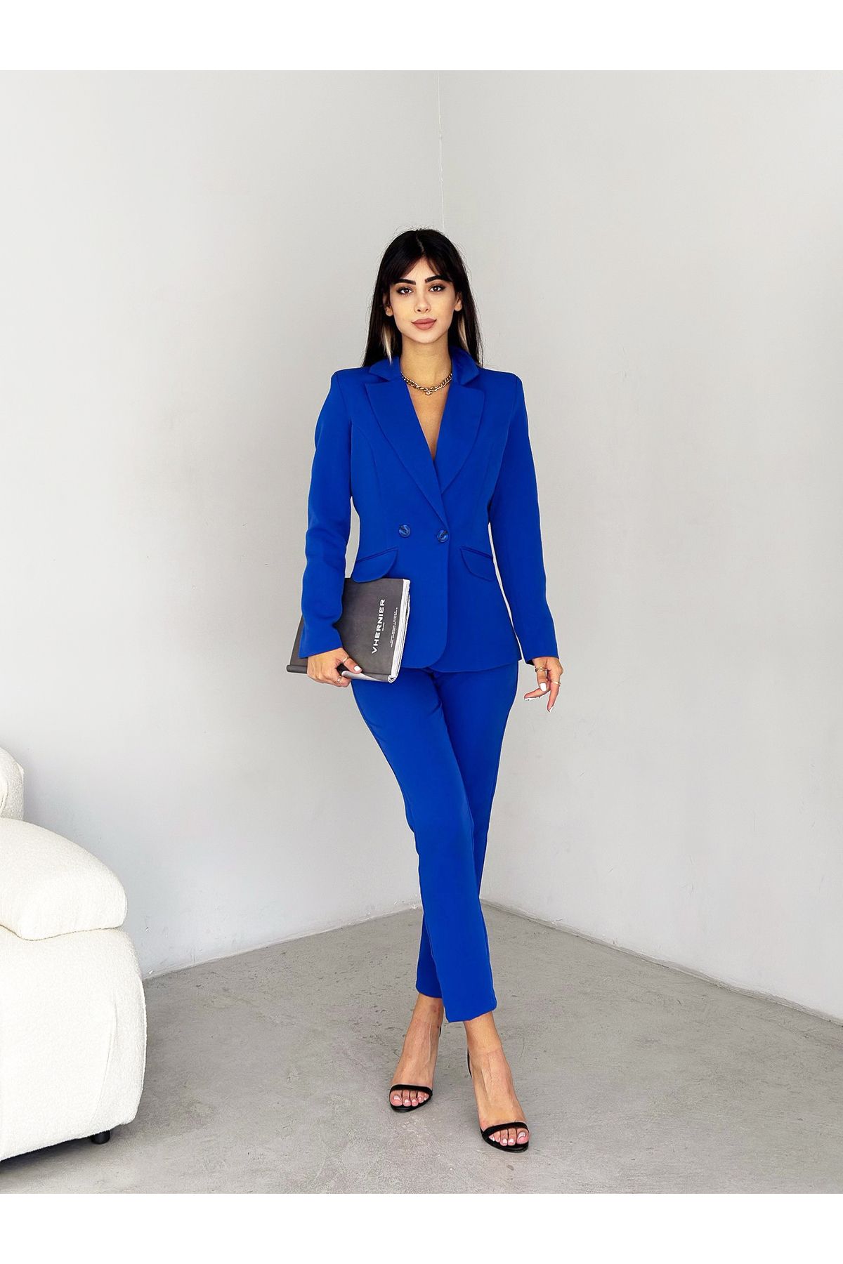 Saks Mavi Kruvaze Blazer Ceket Havuç Pantolon Takım Elbise