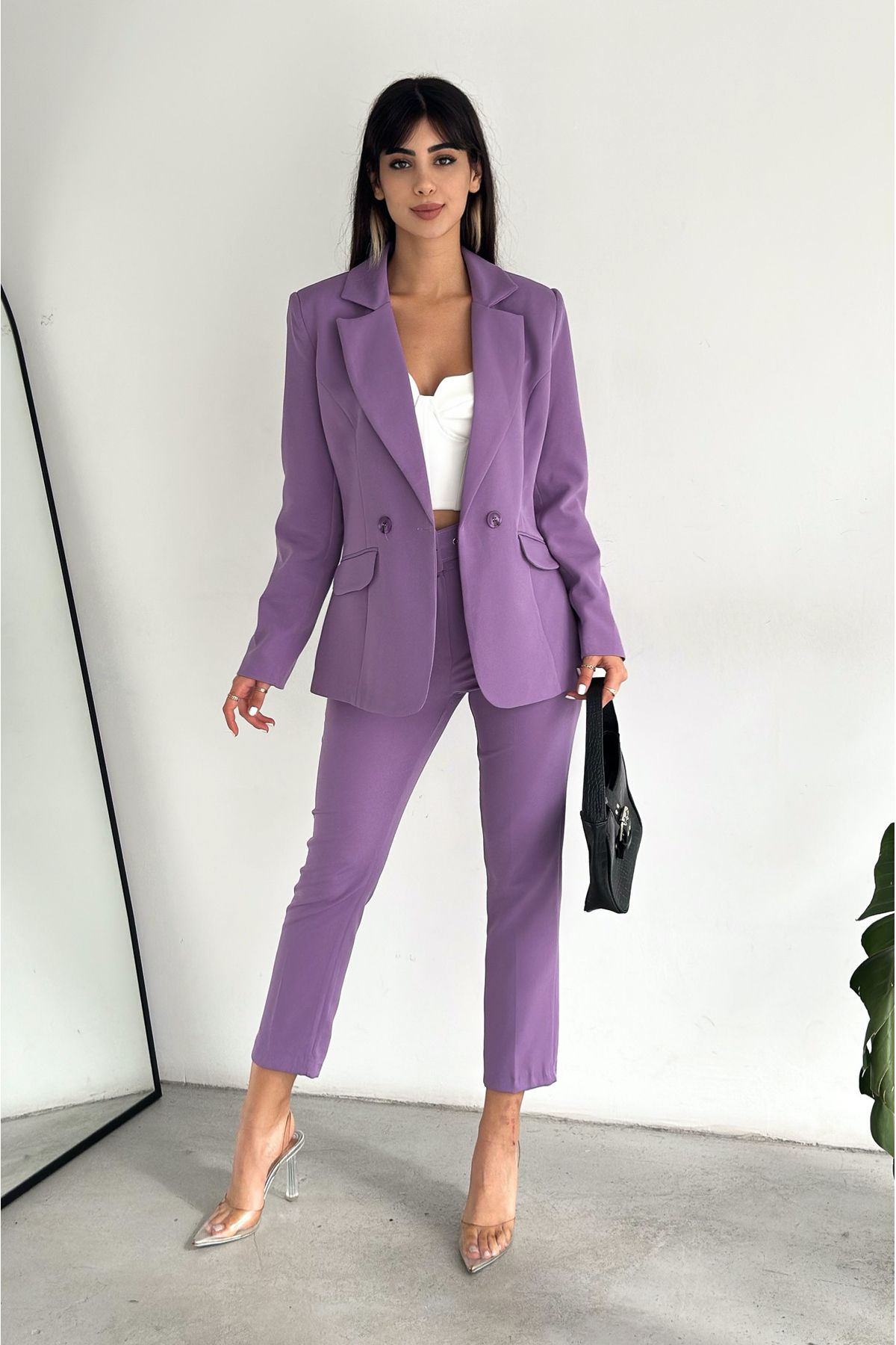 Lila Kruvaze Blazer Ceket Havuç Pantolon Takım Elbise