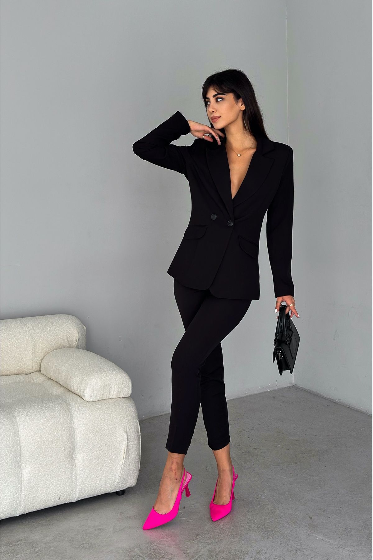 Siyah Kruvaze Blazer Ceket Havuç Pantolon Takım Elbise