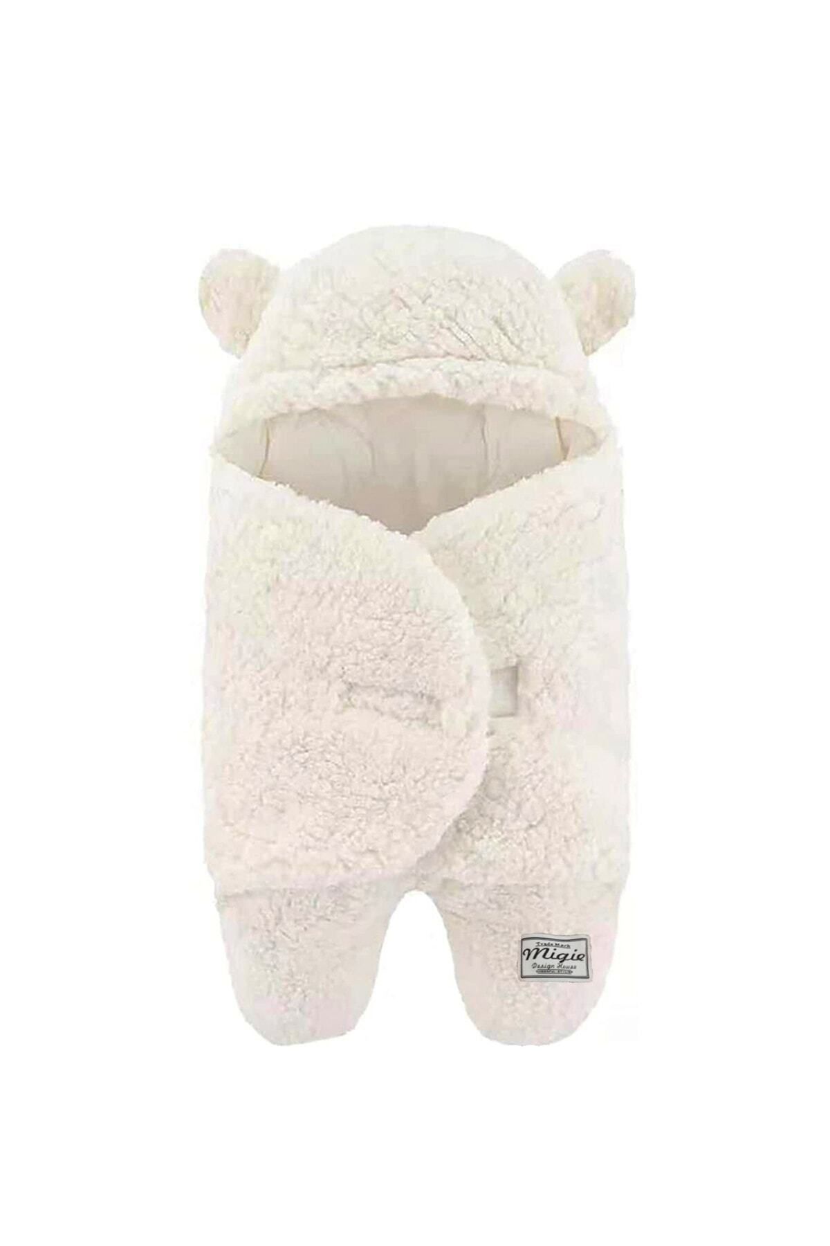 0-4 Ay Bebek Dış Kundak Uyku Tulumu Kıvırcık Wellsoft Peluş Kırık Beyaz