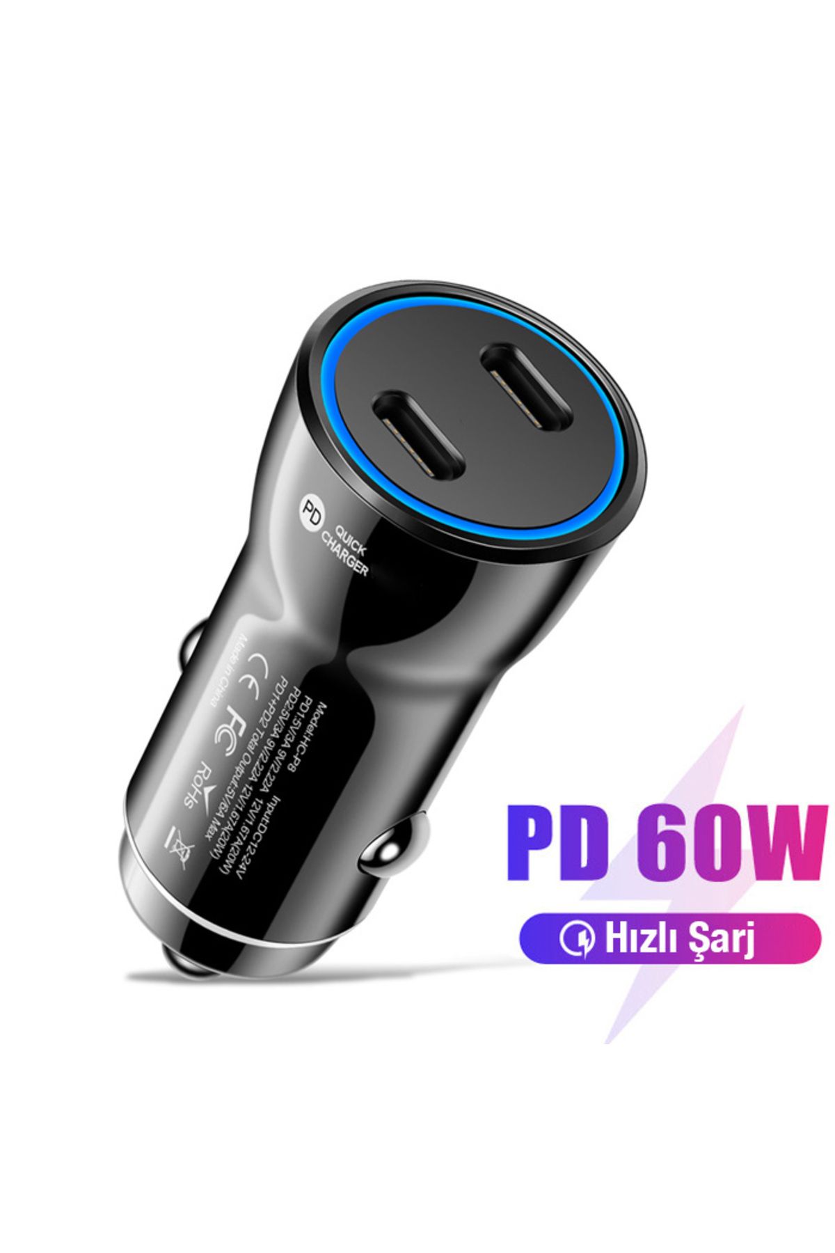 60w 2 Type-c Çıkışlı Araç Içi Çakmaklık Hızlı Şarj Başlığı uyumlu