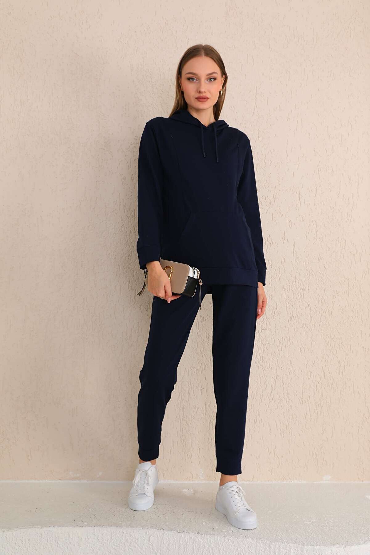 Lacivert Hamile Ve Lohusa Kapüşonlu Sweatshirt Eşofman Takım