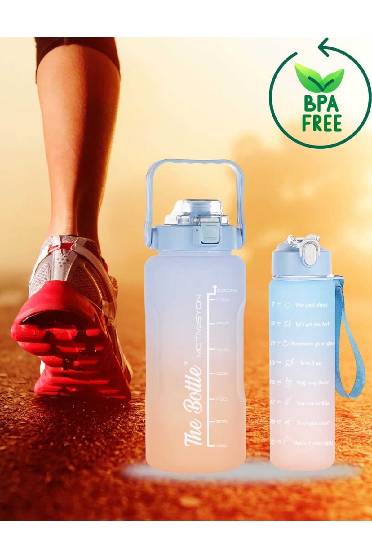 Motivasyonel 2li Su Matarası Su Şişesi Suluk 2lt+900ml Yavrulu Tritan Spor Salonu Su Şişesi Suluk