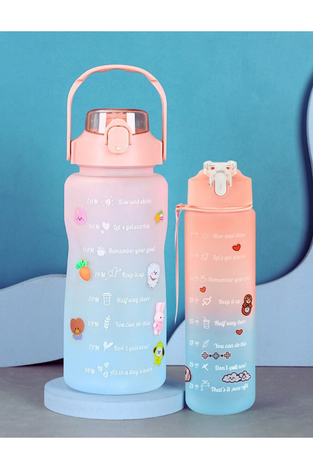 Motivasyonel 2li Pipetli Stickerlı Su Matarası Suluk 2lt 750ml Yavrulu Tritan Spor Salonu Su Şişesi
