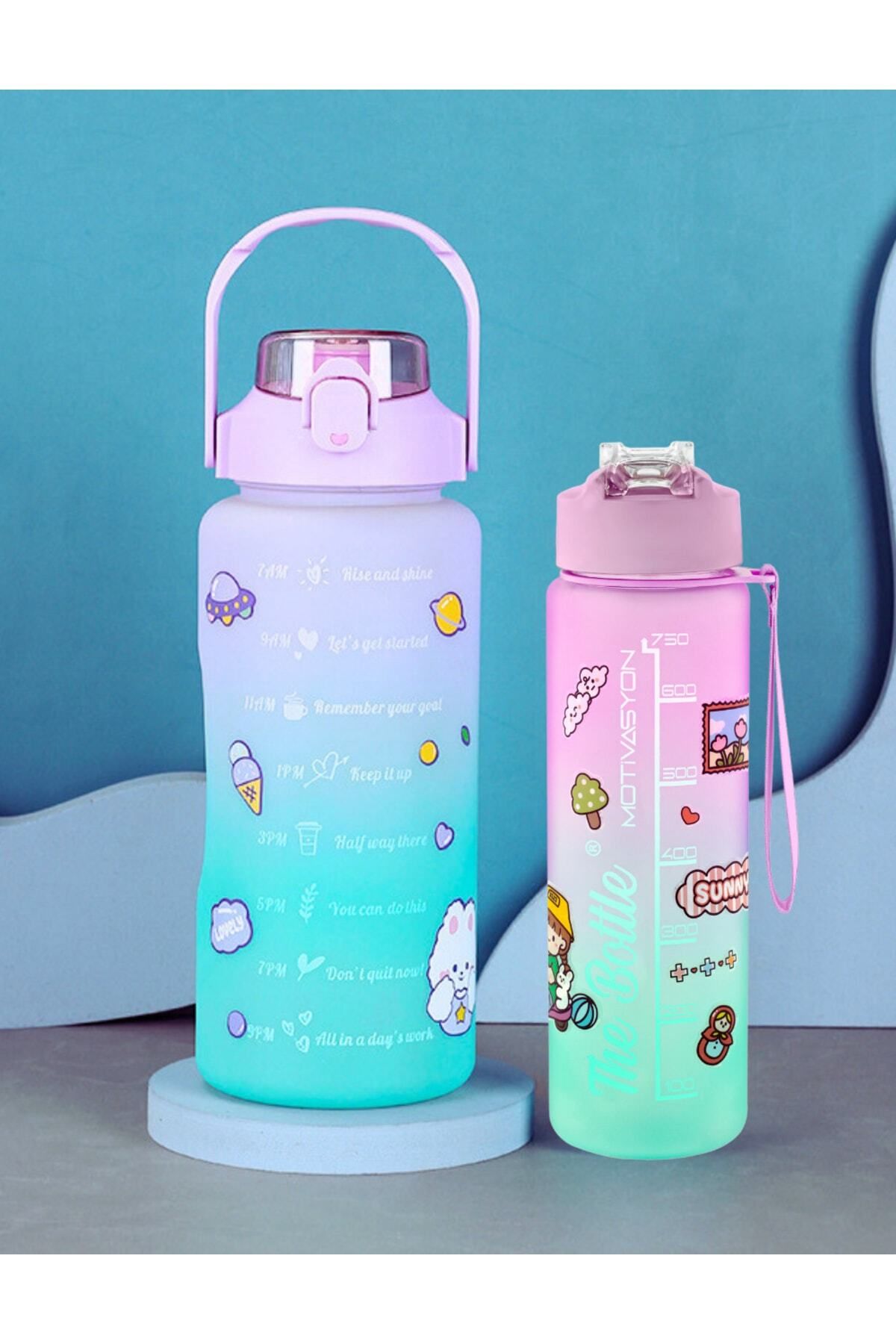 Motivasyonel 2li Pipetli Stickerlı Su Matarası Suluk 2lt 750ml Yavrulu Tritan Spor Salonu Su Şişesi