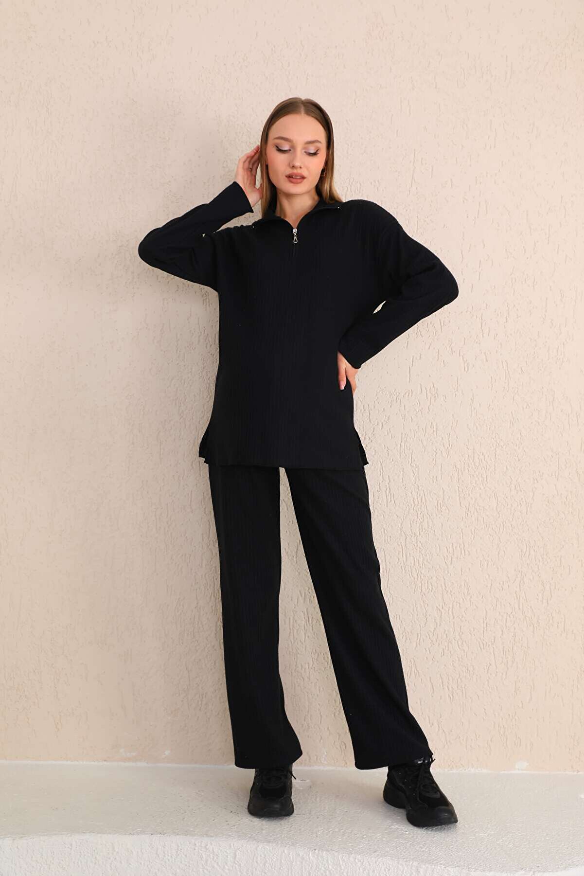 Siyah Fermuar Yakalı Yumoş Kumaş Hamile ve Lohusa Eşofman Takımı