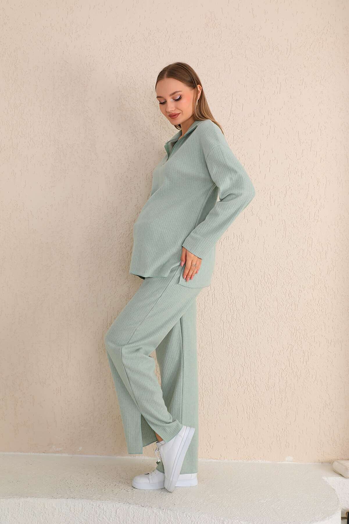 Yeşil Fermuar Yakalı Yumoş Kumaş Hamile ve Lohusa Eşofman Takımı