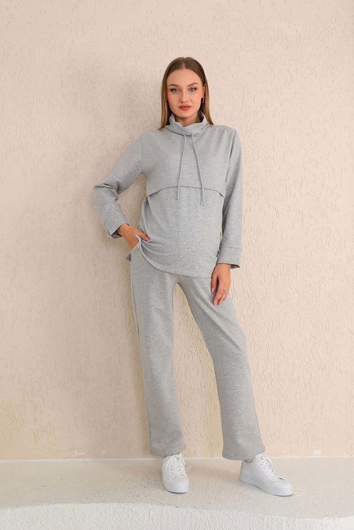 Gri Emzirmeye Uygun Hamile ve Lohusa Eşofman Takımı