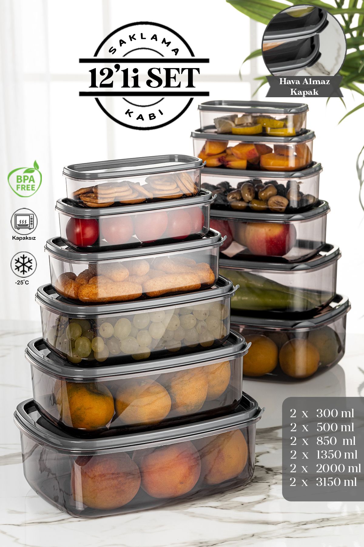 12'li Set Dikdörtgen Sweet Saklama Kabı Seti - Platin Serisi