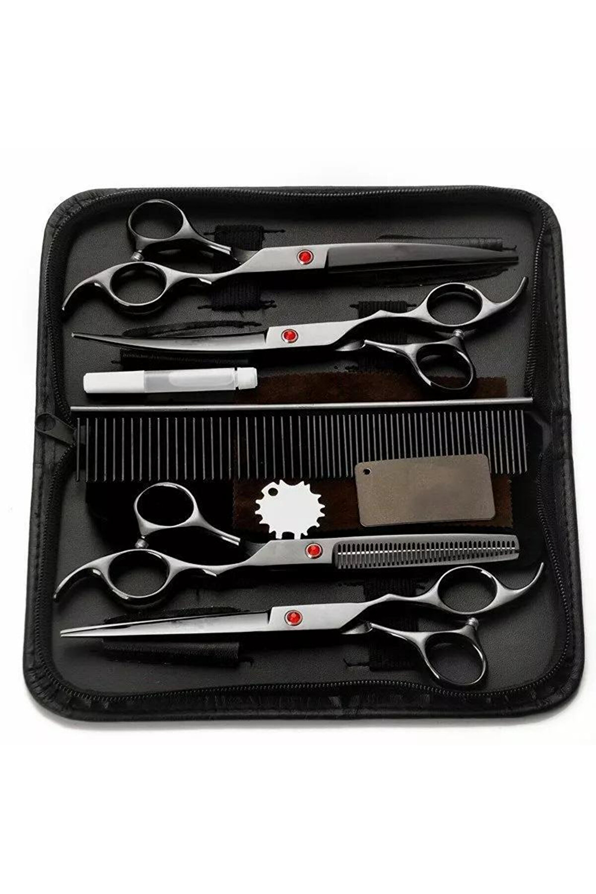 8 Parça 7.0 Inch 18 Cm Deri Çantalı Siyah Pet shop Evcil Hayvan Kedi Köpek Traş Kuaför Makas Seti
