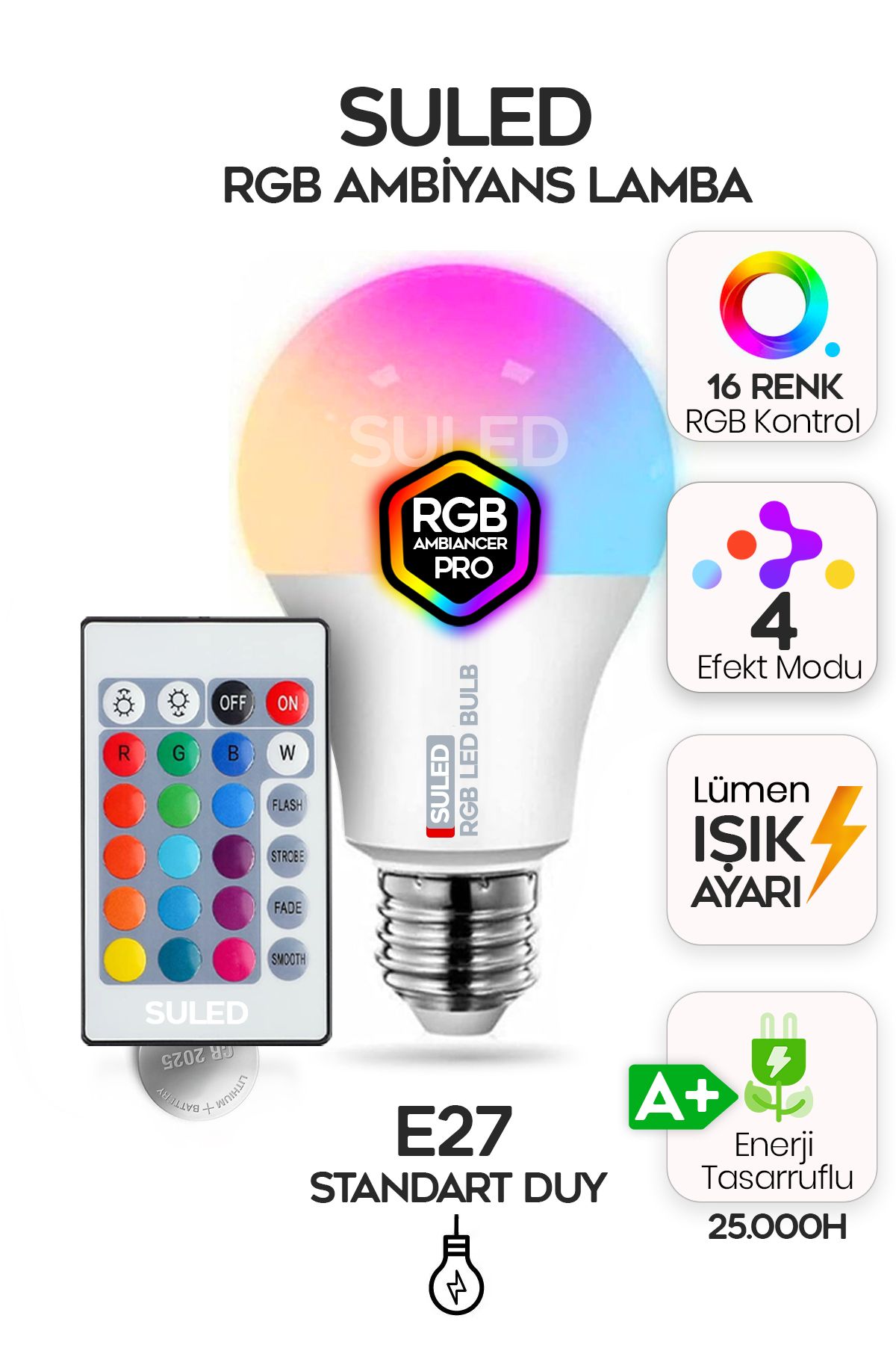 Rgb Led Lamba Kumandalı Ambiyans Aydınlatma 2000 Lümen Tasarruflu Renk Değiştiren Led Işık