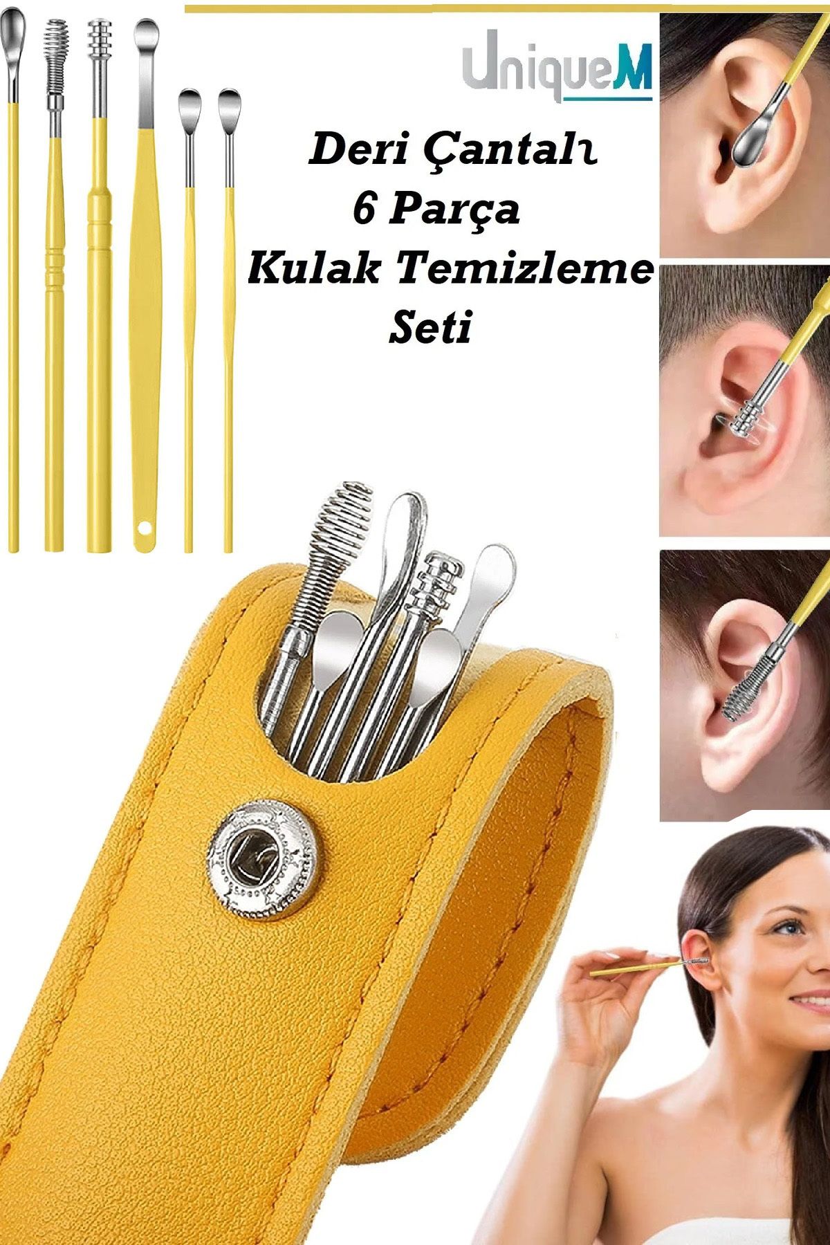 Çantalı 6 Parça Sarı Çelik Kulak Temizleme Temizleyici Kulak Kiri Temizleme Seti XLB521