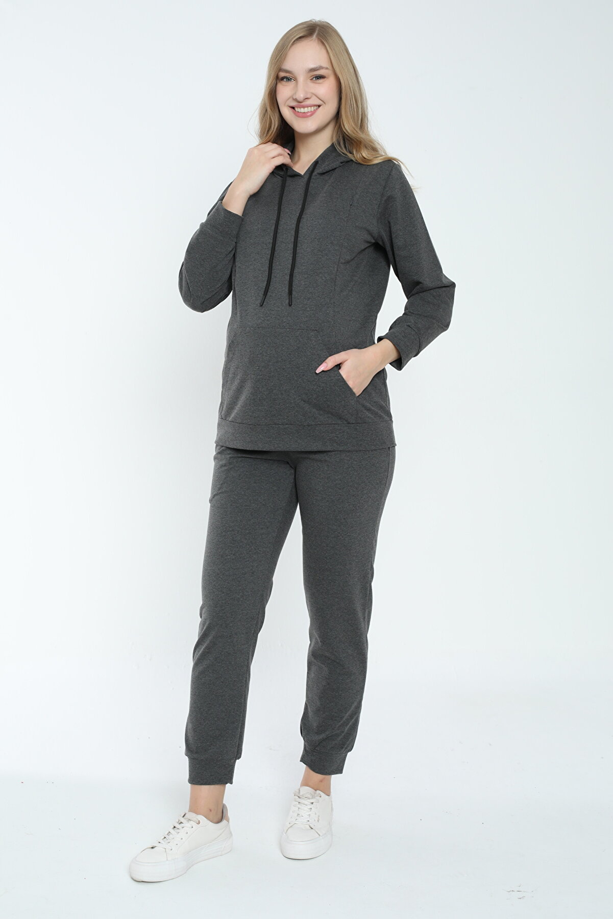 Antrasit Hamile Ve Lohusa Kapüşonlu Sweatshirt Eşofman Takım