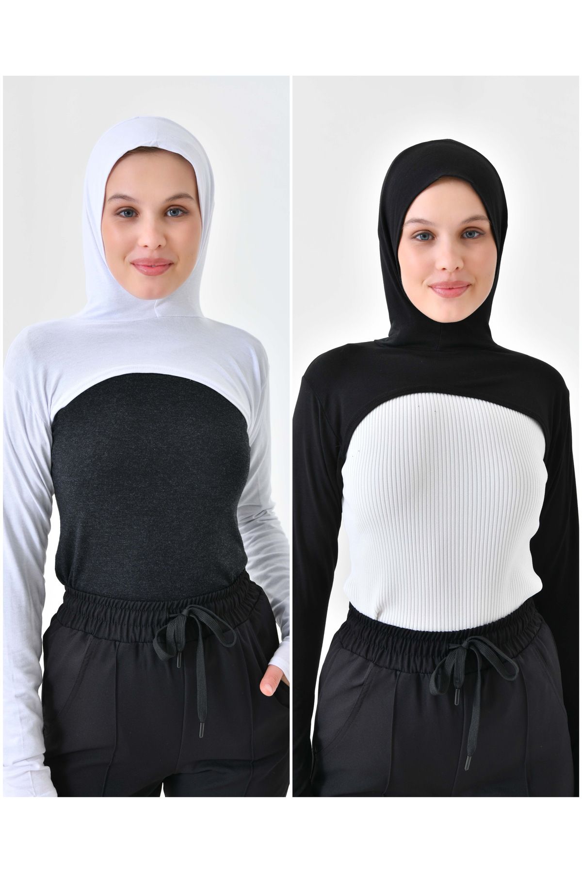 2’li Paket Boneli Boyunluklu Kolluk Siyah Beyaz Kapüşonlu Boyunluk Bere Sporcu Tesettür Bone