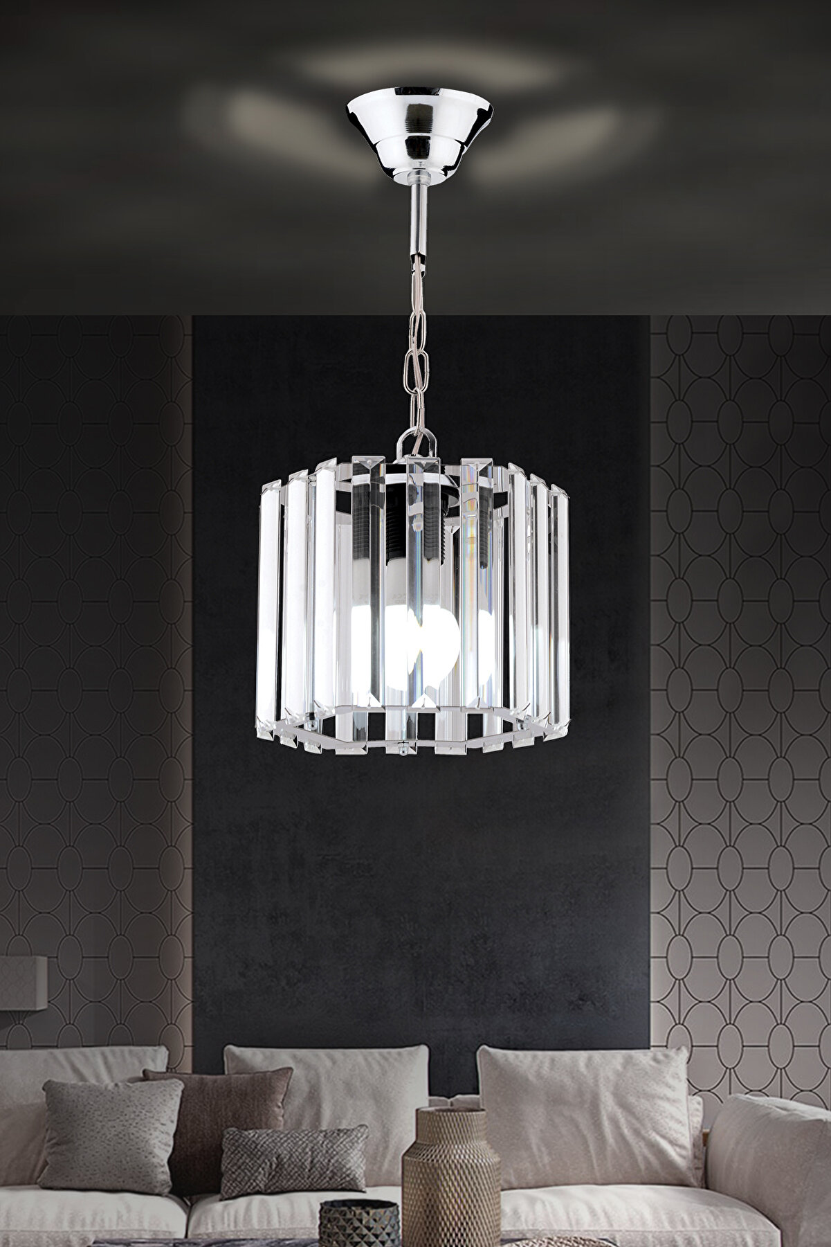 Altıgen Kristal Taşlı Sarkıt Gümüş 18cm Salon Mutfak Hol Antre Oda Avizesi